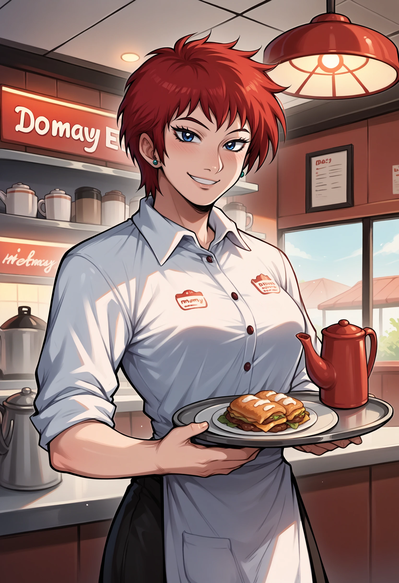 score_9, score_8_up,score_7_up, 1girl, solo, akmktb, tomboy, short hair, red hair, blue eyes,
stud earrings, jewelry, 
indoors, diner, holding, coffee pot, waitress, tray, serving, standing, smile
<lora:akwmk_pdxl_EliPot_V2:1>