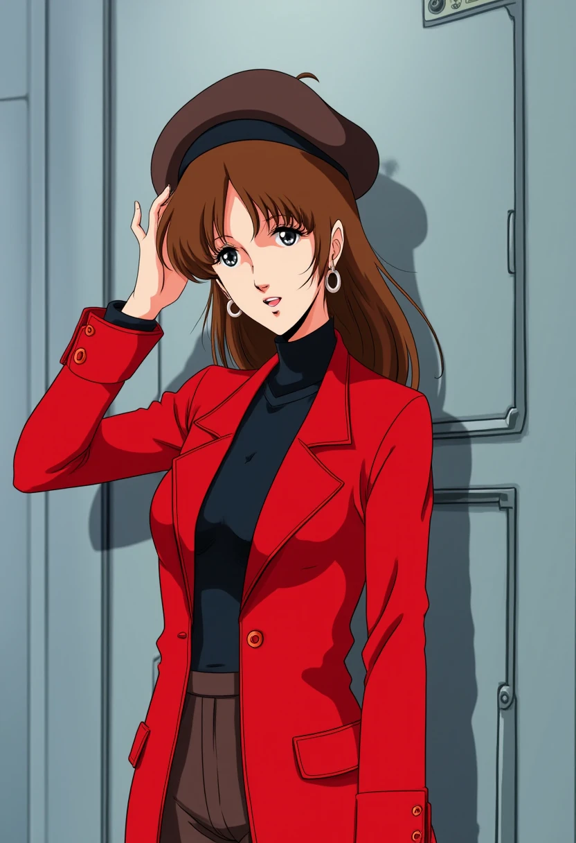 Anime style, sharp, high contrast and highly detailed. Ghibli anime style. Perfect anatomy. Perfect body ratio. No oversized head. No blurry, out of focus pictures. No simple background, no single color background.
She  dressed in a stylish outfit, consisting of a red coat with a high collar and large buttons, exuding a sense of confidence. She is wearing a dark brown or black beret, which she lightly holds on top of her head with one hand, giving the impression of a casual, playful pose. Her earrings are hoop-shaped, adding a touch of elegance. The vibrant red coat contrasts against her brown hair and the darker tones of the hat, making her stand out. The overall look is both fashionable and bold.
 <lora:Misa Hayase - (Flux)_epoch_5:1>, hayase_misa