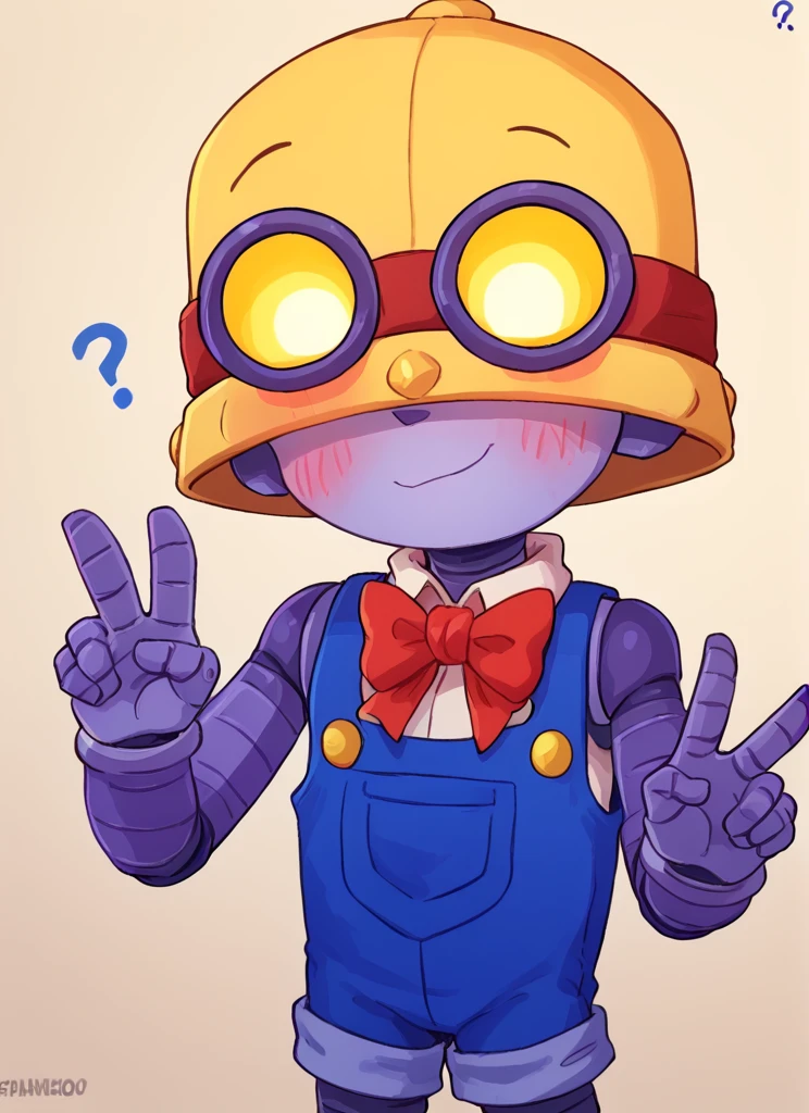 score_9, score_8_up, score_7_up,   <lora:bscarl:1>bscarl , 1boy , robot , yellow headwear , goggles on headwear   covered eyes, yellow eyes  ,  solo , blue overalls, shorts , sleeveless, red bowtie, no nose,  <lora:PossumMachine:1>posmach   , confused,  blush,  ??? , smile,  looking at viewer, v sing  ,