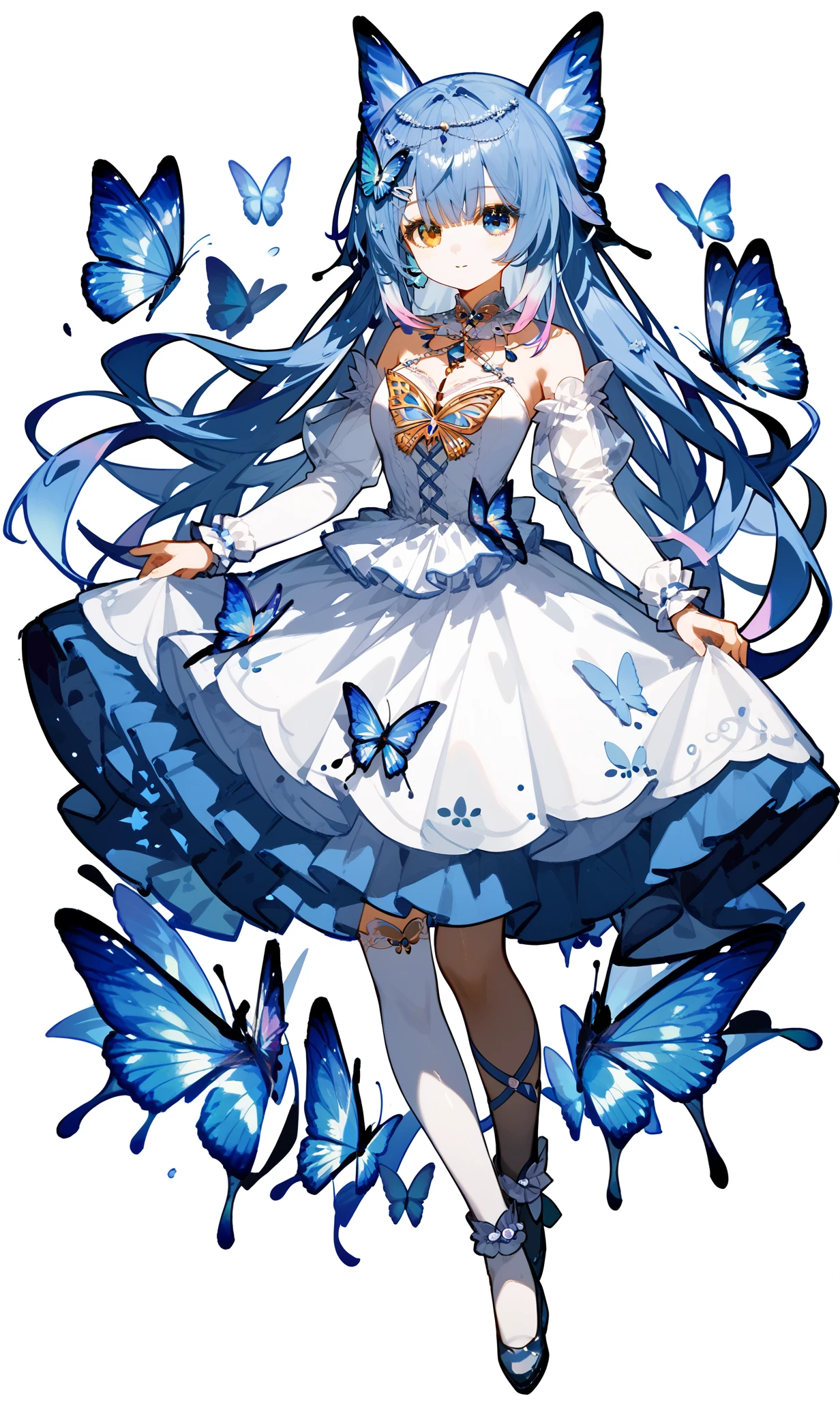 score_9, score_8_up, score_7_up, 
<lora:ameki_pony:0.9>, 1girl, ameki_pony, heterochromia, dress, butterfly hair ornament, blue hair, long hair, hair ornament, thighhighs, jewelry, detached sleeves, 
full body