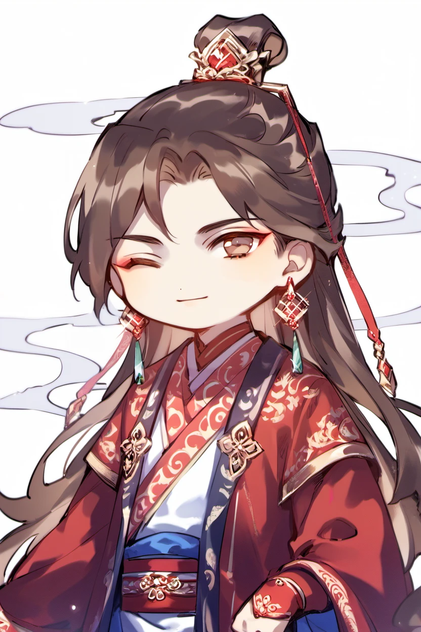 score_9, score_8_up, score_7_up, masterpiece, best quality,
stariwei_style, solo, long hair, looking at viewer, simple background, brown hair, hair ornament, long sleeves, 1boy, dress, brown eyes, jewelry, upper body, male focus, earrings, one eye closed, chibi, chinese clothes, smoke,
 <lora:StariweiStyle:1>