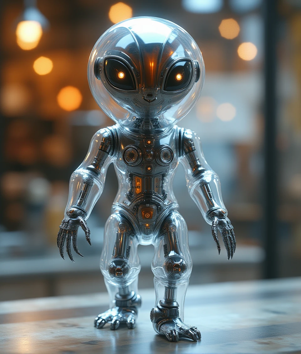 mechneuro,a mini alien wearing see-through spacesuit,walking on table