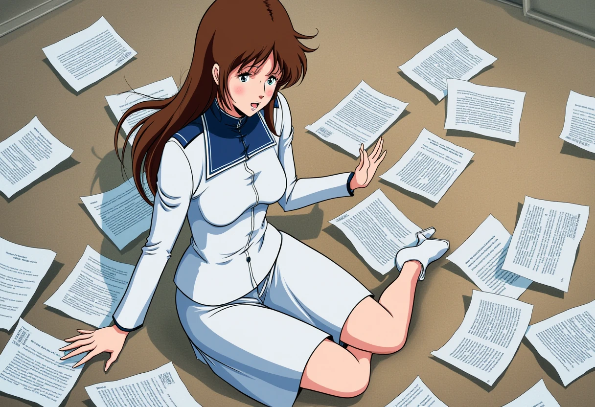 Anime style, sharp, high contrast and highly detailed. Ghibli anime style. Perfect anatomy. Perfect body ratio. No oversized head. No blurry, out of focus pictures. No simple background, no single color background.
She is  sitting on the floor with papers scattered around her. She is wearing a white fitted military uniform with dark blue trim and a high collar, which has a formal, official look. The outfit is a one-piece, resembling a dress or long jacket with a matching pencil skirt, and is paired with white or light-colored high heels. Her brown hair is styled simply, and her expression appears embarrassed  and surprised. The pose suggests she is in the midst of gathering or organizing the scattered papers. View from the side.
Wide angle, full body.
 <lora:Misa Hayase - (Flux)_epoch_5:1>, hayase_misa