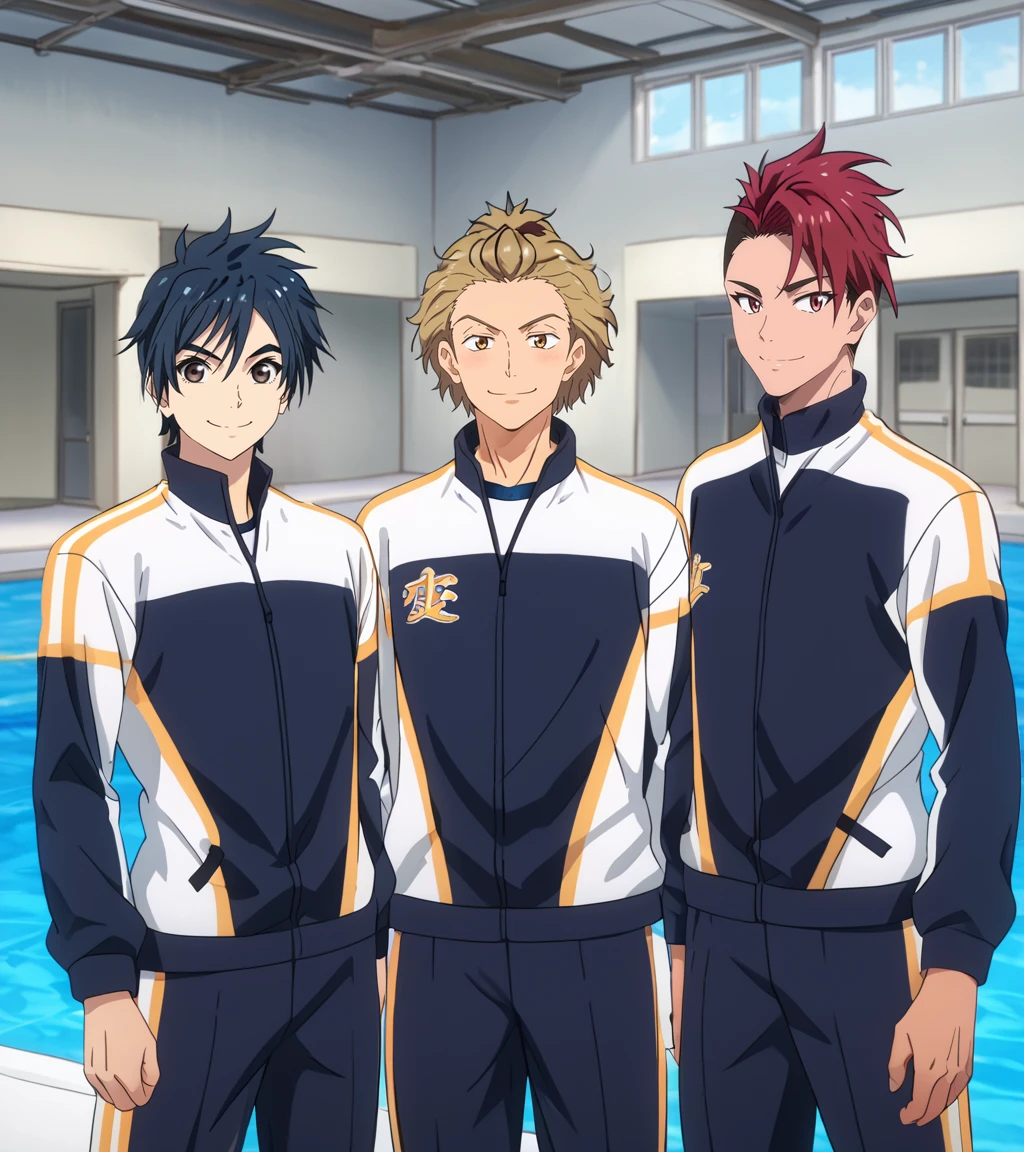 zPDXL2,<lora:re_main-000007>,rating_safe,foreshortening,cowboy shot,3boys,club track jacket,multiple boys,male focus,looking at viewer,smile,pool BREAK takekazu ejiri BREAK minato kiyomizu,:d,(v:1.1) BREAK jou joujima,boy,male,