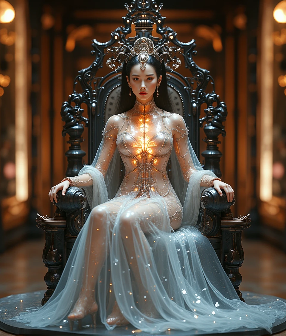 mechneuro,a beautiful chinese queen wearing the long dress-outfit,which is made of see-through material and details inside,the female human sitting on a large throne in magnificent palace,