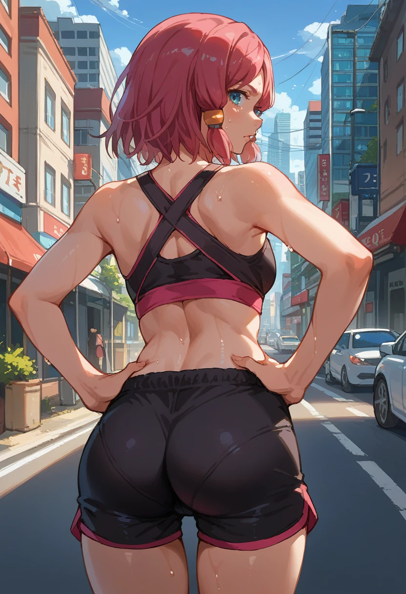 score_9, score_8_up, source_anime, 1girl, solo, RoseTales, blue eyes, pink hair, short hair, hair tubes, from behind, sweat, looking back, hands on own hips, black sports bra, black shorts, short shorts, ass, outdoors, city street, <lora:ChamRoseToZPonyXL:1>