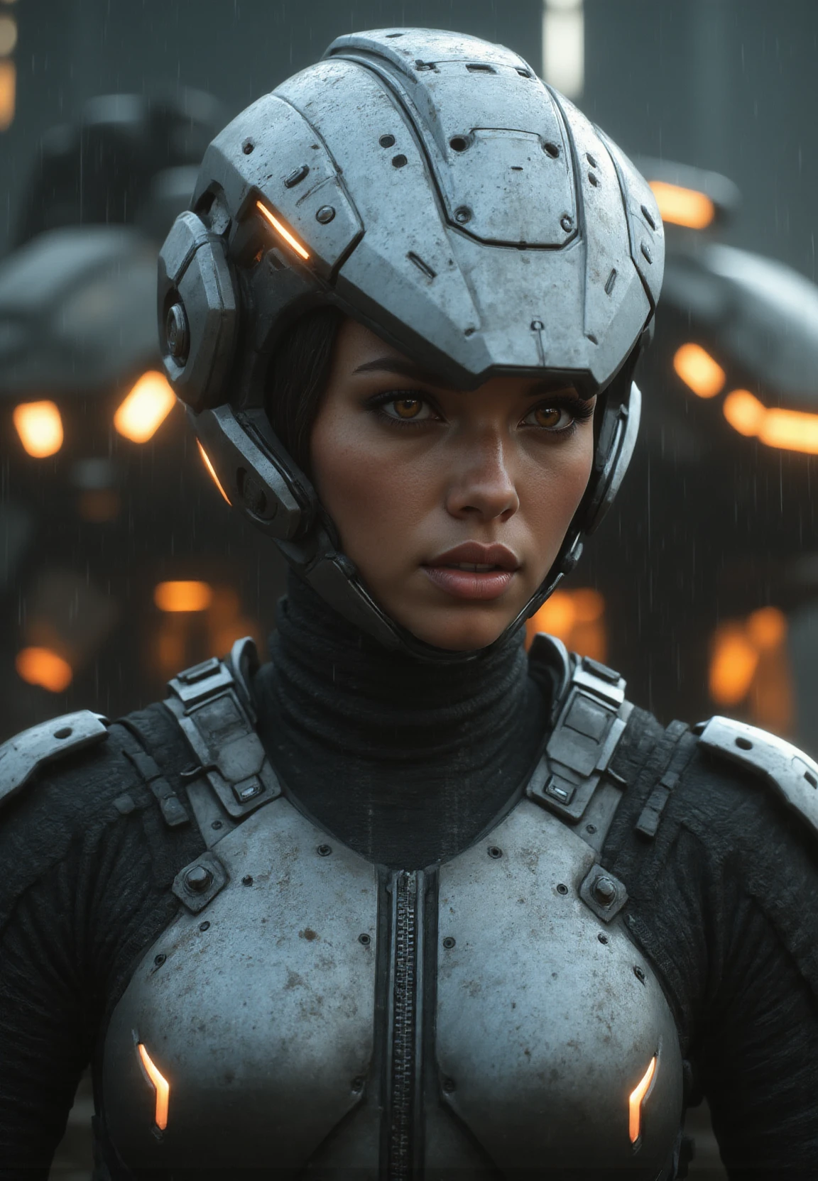 cinematic film still portrait of a solo female mech pilot standing in front of her (large combat mech:1.3), scifi armor, military base, heavy rain, full scifi helmet, visor, detailed eyes, dry skin, skin fuzz, visible skin hair, skin blemishes
,, shallow depth of field, vignette, highly detailed, high budget Hollywood film, bokeh, cinemascope, moody, epic, gorgeous, film grain ,caldariflux