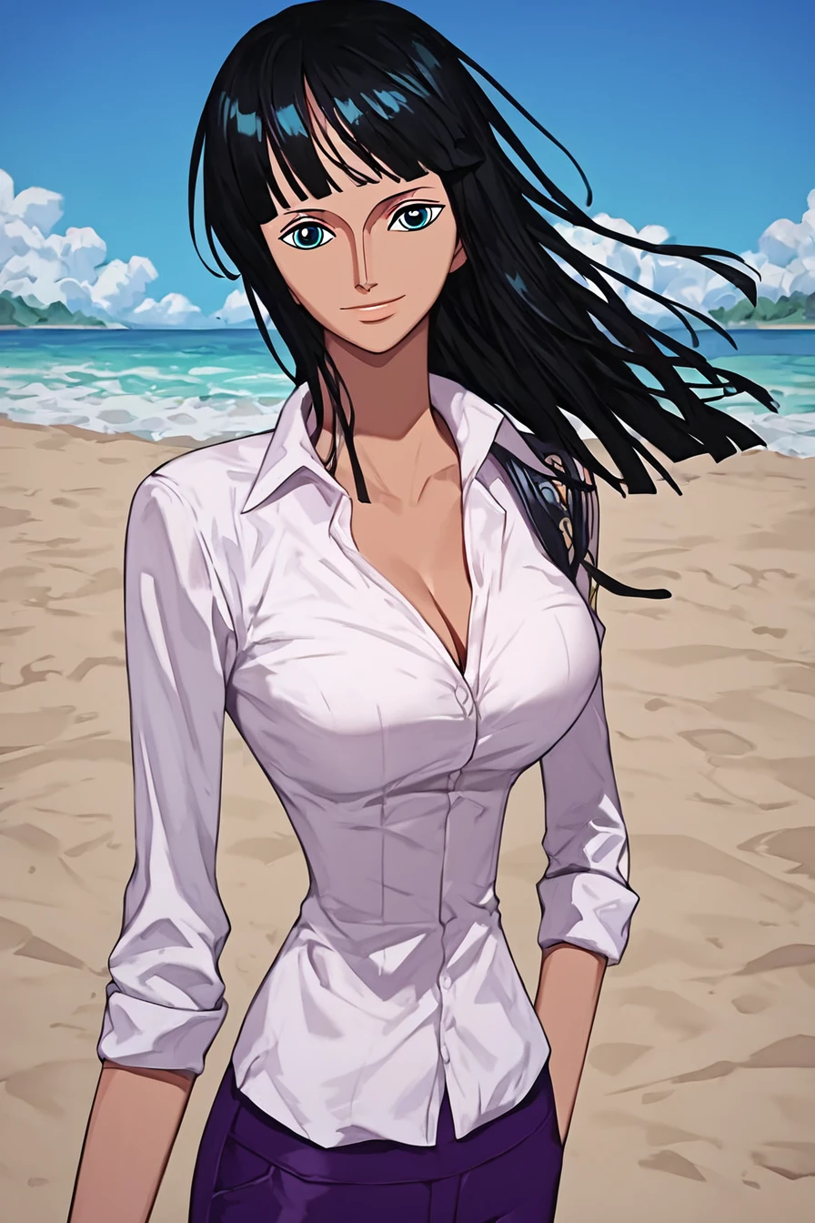 score_9, score_8_up, score_7_up, score_6_up, score_5_up, score_4_up, <lora:Nico_Robin_pretimeskip_many_outfit:0.9>, nico robin, blue eyes, black hair, blunt bangs, dark-skinned female, tan, white shirt, purple pants, 1girl, alone, standing, looking at the viewer, masterpiece, highres, highly detailed face, highly detailed shining eyes, symmetrical highly detailed eyes, entire body,  beach, sand, sea