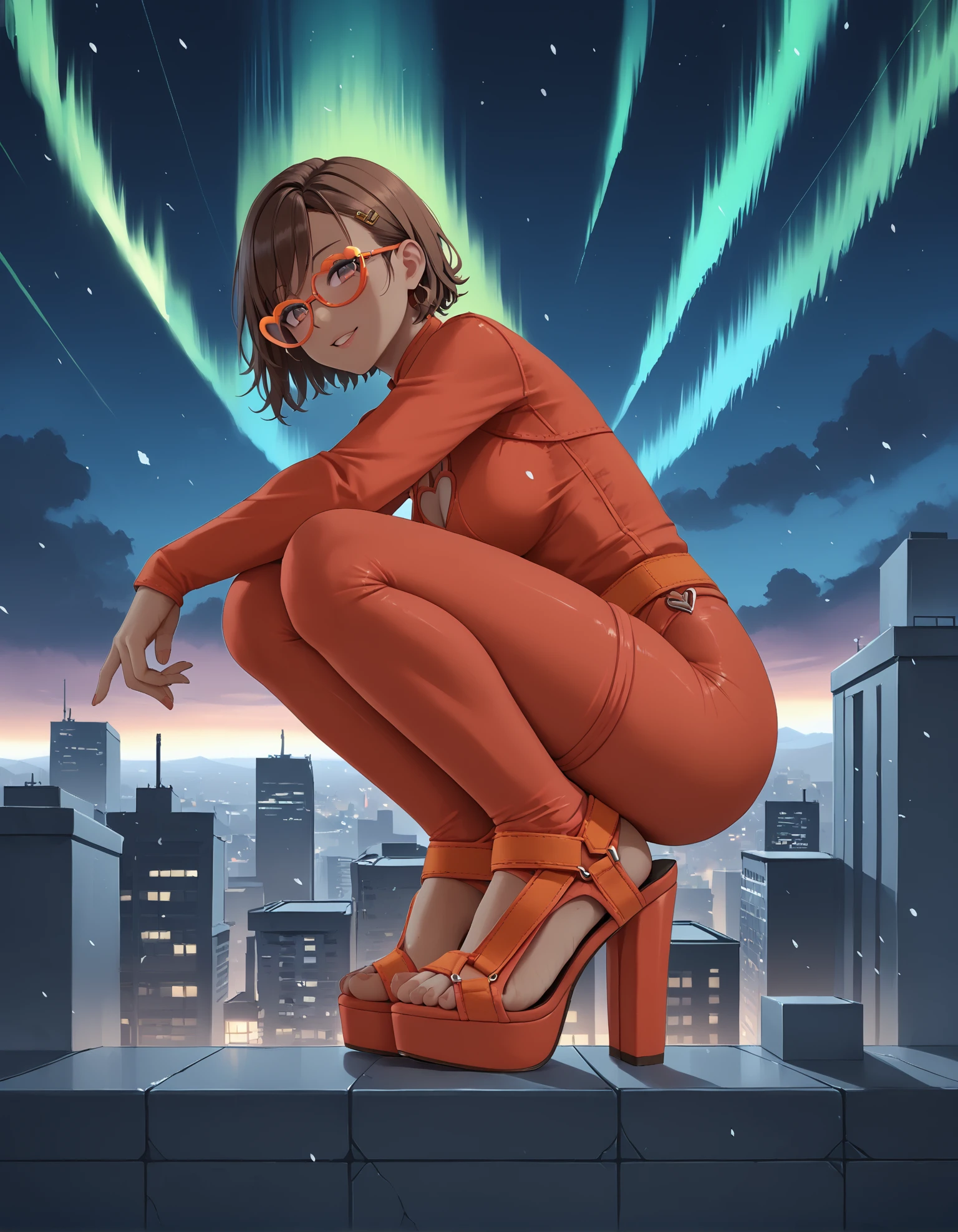 1girl, dark skin,
squatting, (rooftop:1.3), (skyline:1.2),  
from side,
red bodysuit, heart-shaped cutout, sexy attire,
brown hair, short hair, curly hair, 
(sp0rts4nd4l heels), feet, toes,
from below, 
heart-shaped glasses, orange frame glasses,
snowing, aurora borealis, 
night, dark, dark background, Low-key lighting,
color grading,
embedding:zPDXL2 ,