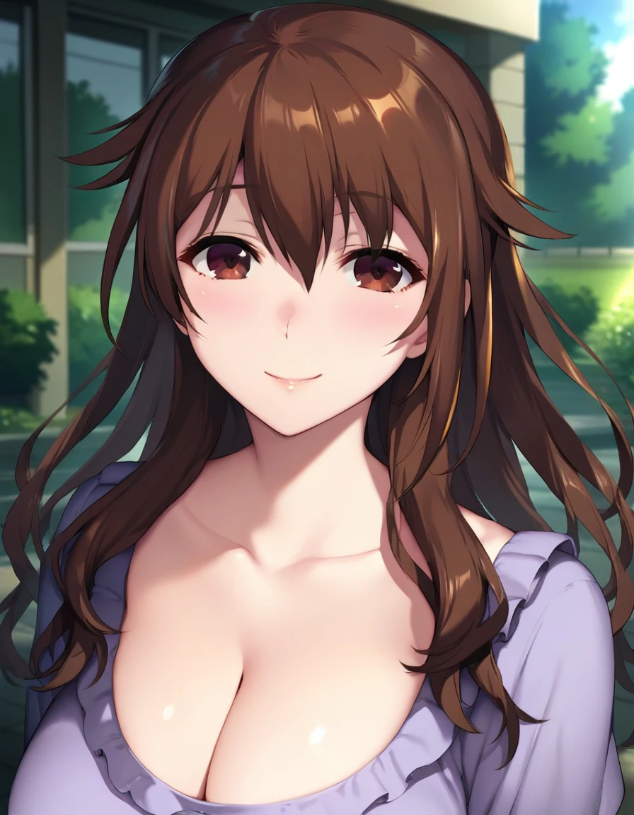 score_9,score_8_up,score_7_up,score_6_up BREAK official art,solo,outdoors,upper body,(portrait:1.5),looking at viewer,facing viewer,smile,blush,mature female,Takasaki Asuka,long hair,shiny hair,brown hair,hair between eyes,sidelocks,bangs,brown eyes,collarbone,cleavage,frills,blouse,purple shirt,long sleeves,jewelry,wedding ring,large breasts,blue skirt,pleated skirt,blue footwear,<lora:Takasaki Asuka(oin)-Pony:1.4>,