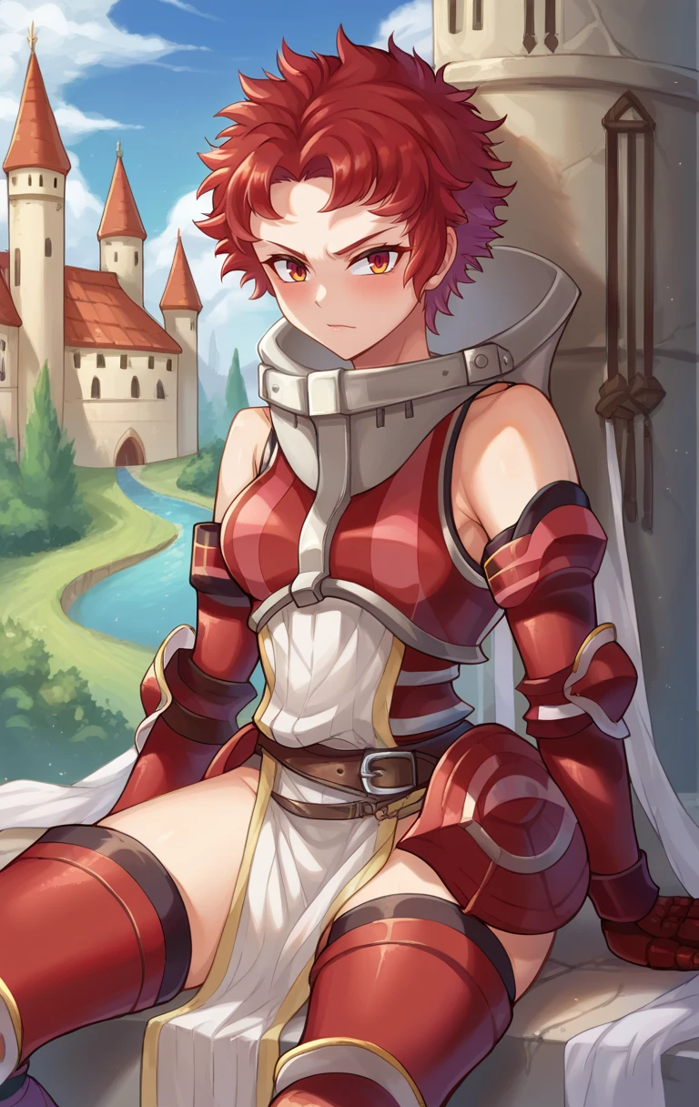 score_9,score_8_up,score_7_up BREAK <lora:sully:1>,sullySDXL,1girl,short hair,red eyes,red hair,belt,armor,gauntlets,pelvic curtain,armored boots,greaves,red armor,cowboy shot,castle, sitting,