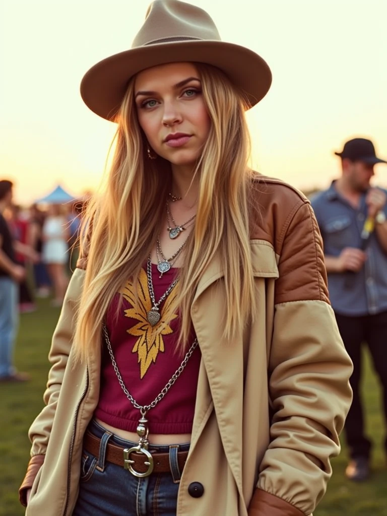 zzw,  cinematic,  full body shot,  ZZ Ward, wearing a lovely hipster rocker outfit, in an outdoors music festival,  photorealistic, real photography, 8k, hd,  <lora:zz-ward:1.1>