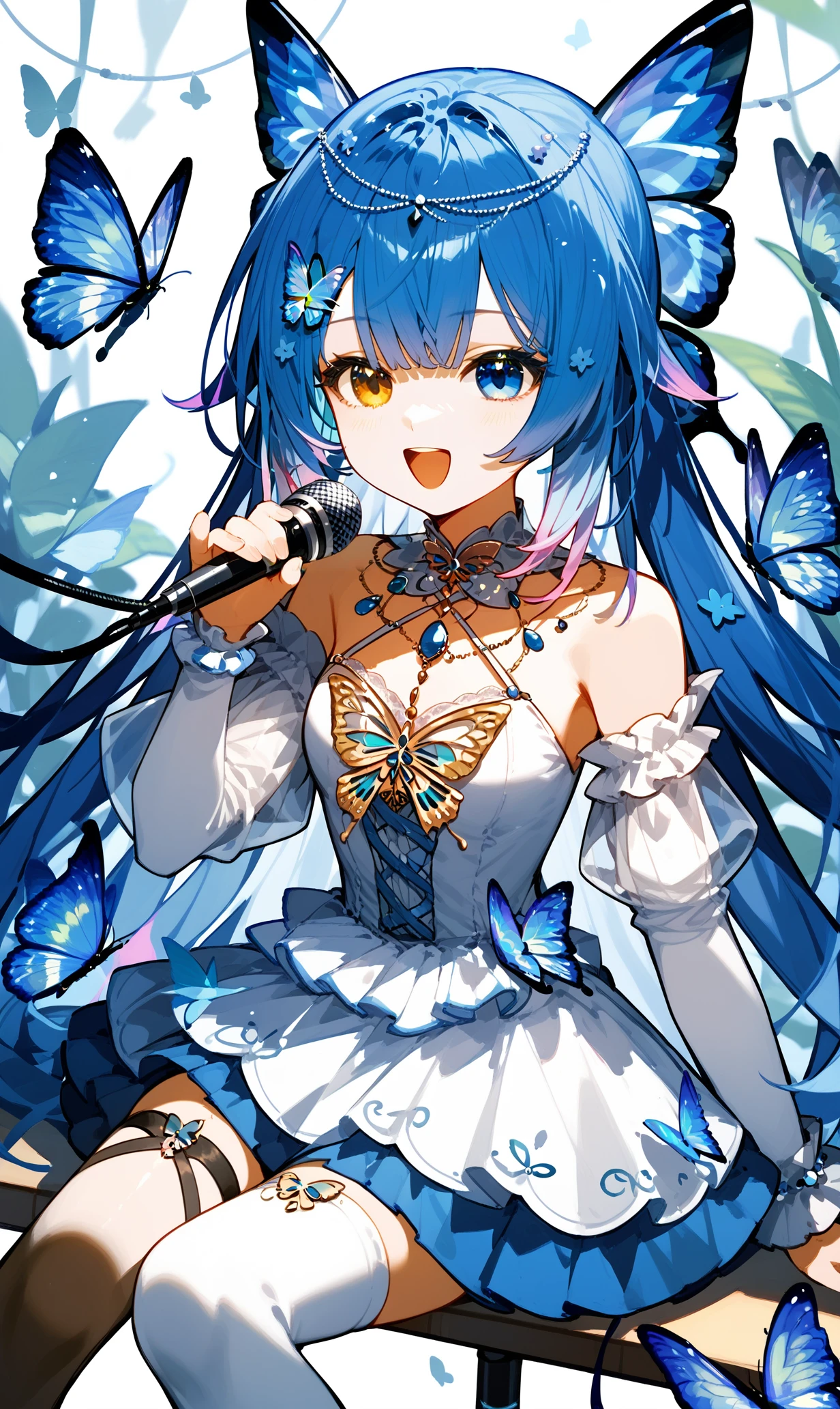 score_9, score_8_up, score_7_up, 
<lora:ameki_pony:0.9>, 1girl, ameki_pony, heterochromia, dress, butterfly hair ornament, blue hair, long hair, hair ornament, thighhighs, jewelry, detached sleeves, 
sitting, singing, microphone