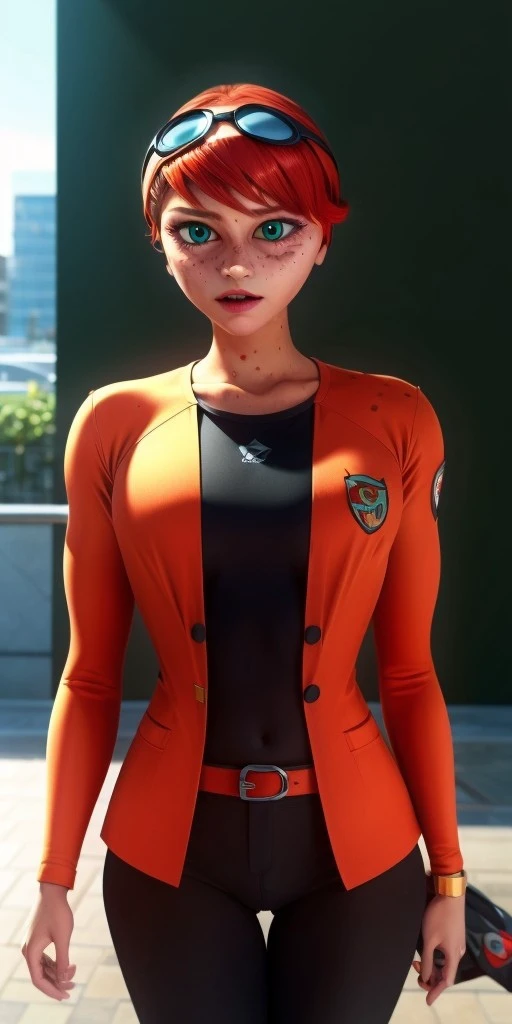 Hyperrealistic, photorealistic, super detailed, (long-sleeved blazer), trousers, expressive brilliant turquoise eyes, short red hair, body like in real life, several freckles on face, large pores, peach skin, slender, beautiful arms, very little very flat breasts, unreal engine, octane render, droped shadow, bokeh, cinematic lighting, <lora:add_detail:0.5>, <lora:Volumetric_lighting:0.6>, Ondine, <lora:4507115e-c874-4ac1-a882-1dcdf4e235ab:0.7>