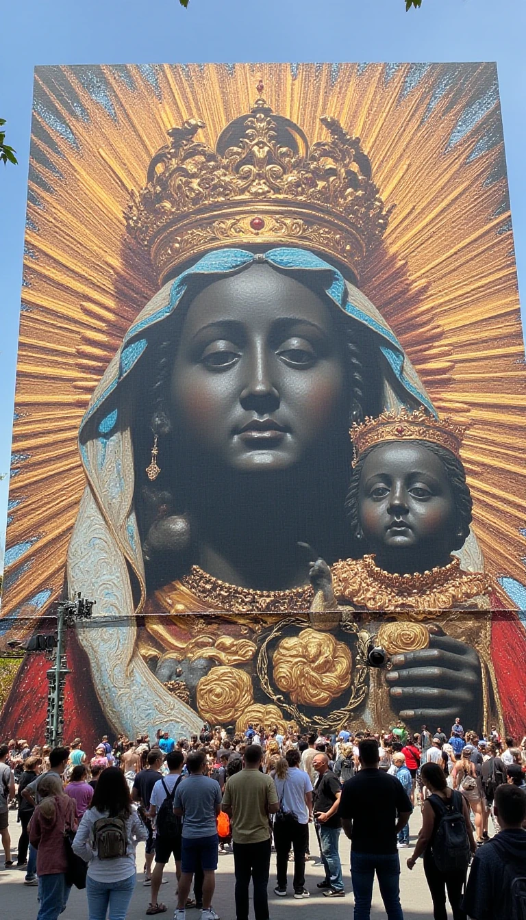 A large wall featuring an image of the black_madonna and child with people standing around looking at hit