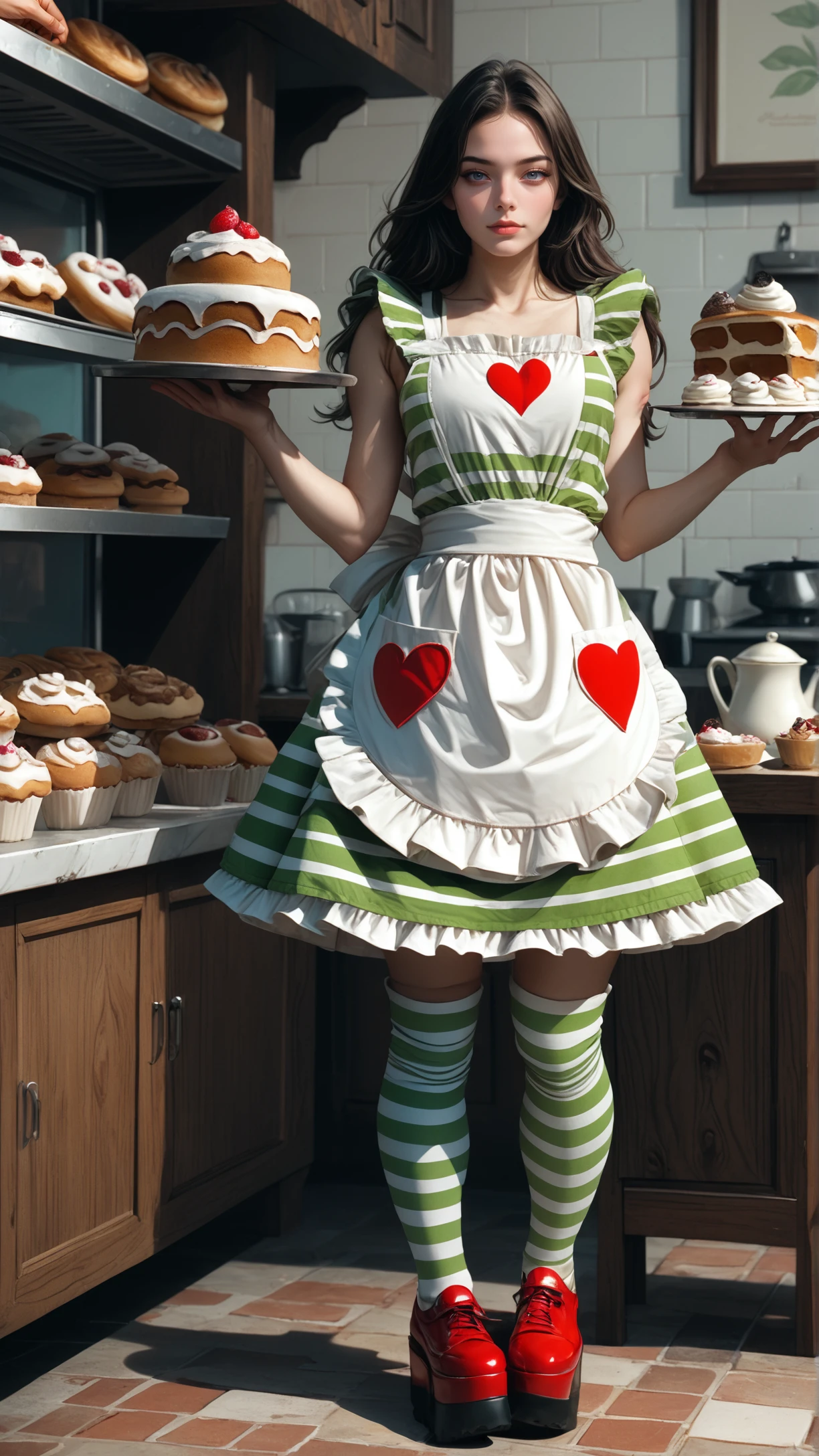 score_9, score_8_up, score_7_up, BREAK, 1 woman, wearing reij-limehearted, white dress, green stripes, white ribbin, heart pattern, white stockings with green strips, red platform shoes  <lora:reij-limehearted:1>, bakery,  detailed background,pastries, holding a tray with small muffins, flour on the apron