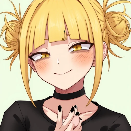 toga himiko, 1girl, blonde hair, solo, smile, yellow eyes, black nails, piercing, shirt, upper body, looking at viewer, double bun, ear piercing, blush, hair bun, black shirt, nail polish, collarbone, collar, bangs, grin, choker