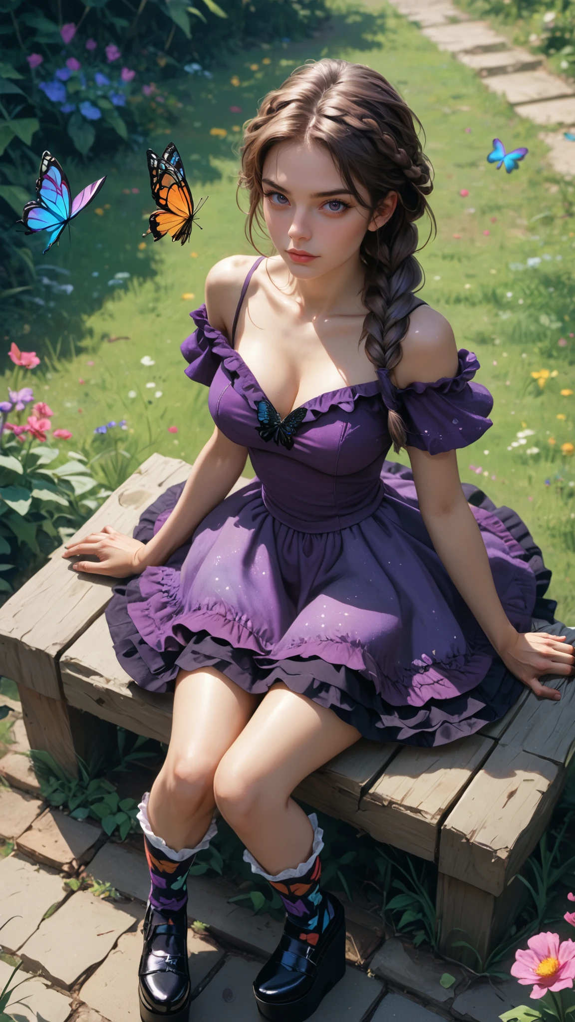 score_9, score_8_up, score_7_up, BREAK, 1 woman, lush breasts, outdoor, flowers, wearing reij-papilio, purple dress, (hip-length skirt), black knee-high ruffled socks, black platform shoes, butterfly details  <lora:reij-papilio:1>, (sitting:1.2), hands on skirt, from above