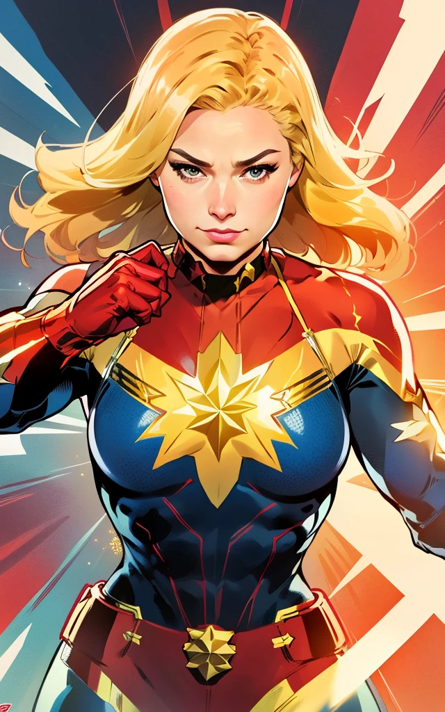 best quality,masterpiece,highly detailed,ultra-detailed, 
  <lora:superhero_V02:1>, superhero, powerful, heroic, iconic, larger-than-life, justice, colorful, action-packed (Captain Marvel:1.16), Red, blue, and gold uniform with glowing hair