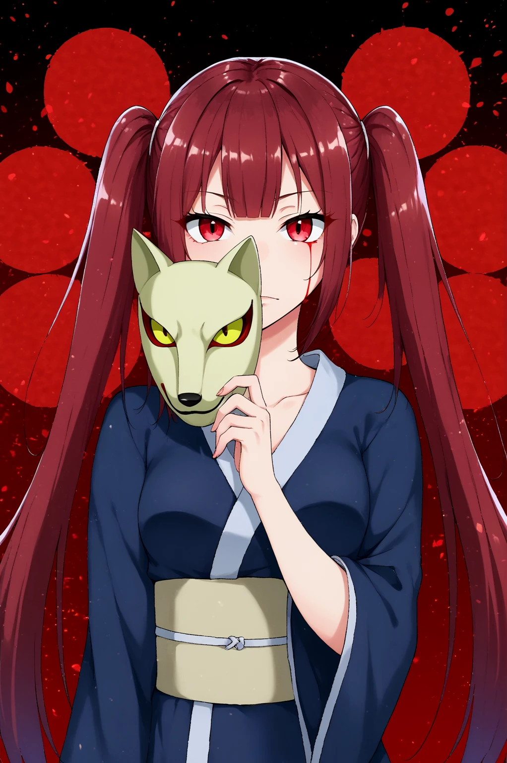 score_9, score_8_up, score_7_up, source_anime, perfect lines, \noborozuka akari, 1girl, solo, red hair, red eyes, kitsune no yomeiri, knyakari, official art, kimono, fox mask, akari kitsune mask, holding mask, blood from eyes,\n<lora:onibiv2:1>