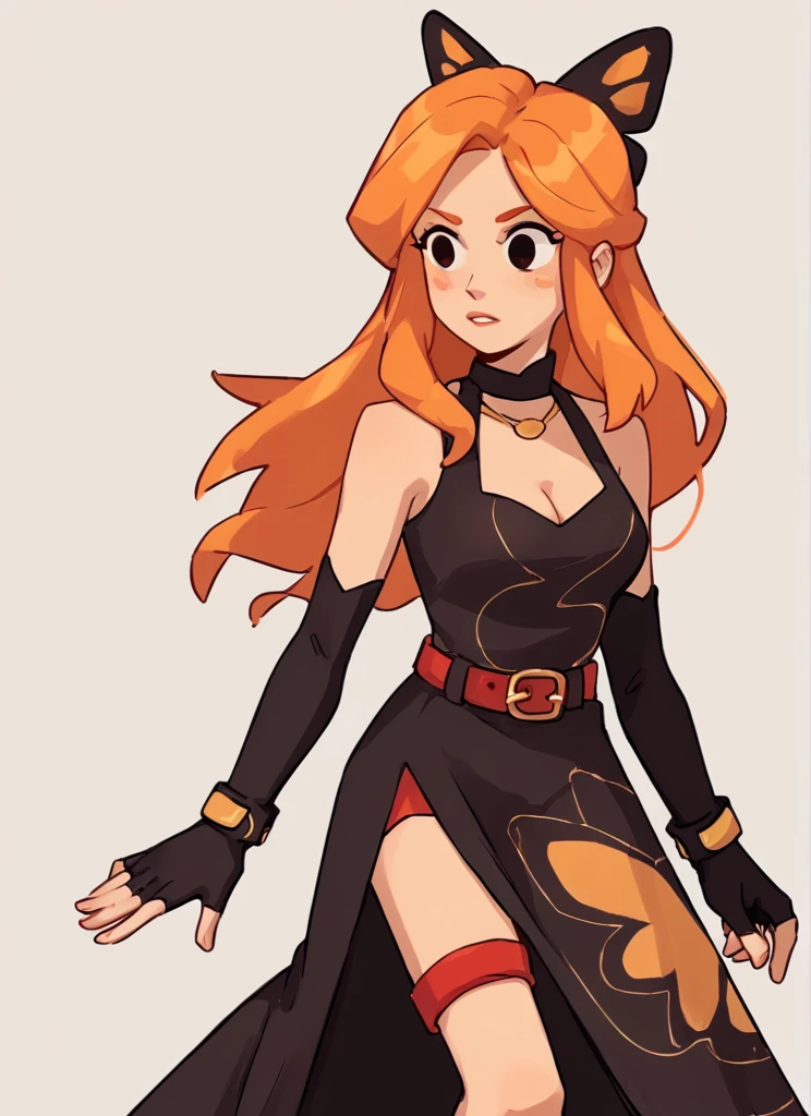 score_9, score_8_up, score_7_up,   1  girl  , bpiper  , orange hair, long hair,  butterfly hair ornament, cleavage , black sleeveless dress,long dress,  pelvic curtain, red thigh strap,  belt ,  black elbow gloves, fingerless gloves  <lora:bpiper-000004:1>    <lora:Yagi_the_Goat_Style:1>by s1120411