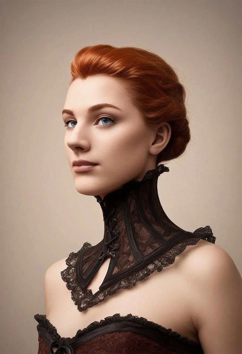 score_9, score_8_up, score_7_up, rating_safe, 
concept art, realistic, dark theme, low light, 1girl, solo.
Ginger hair, Blue eyes.
Neckcorset. lace neck corset.