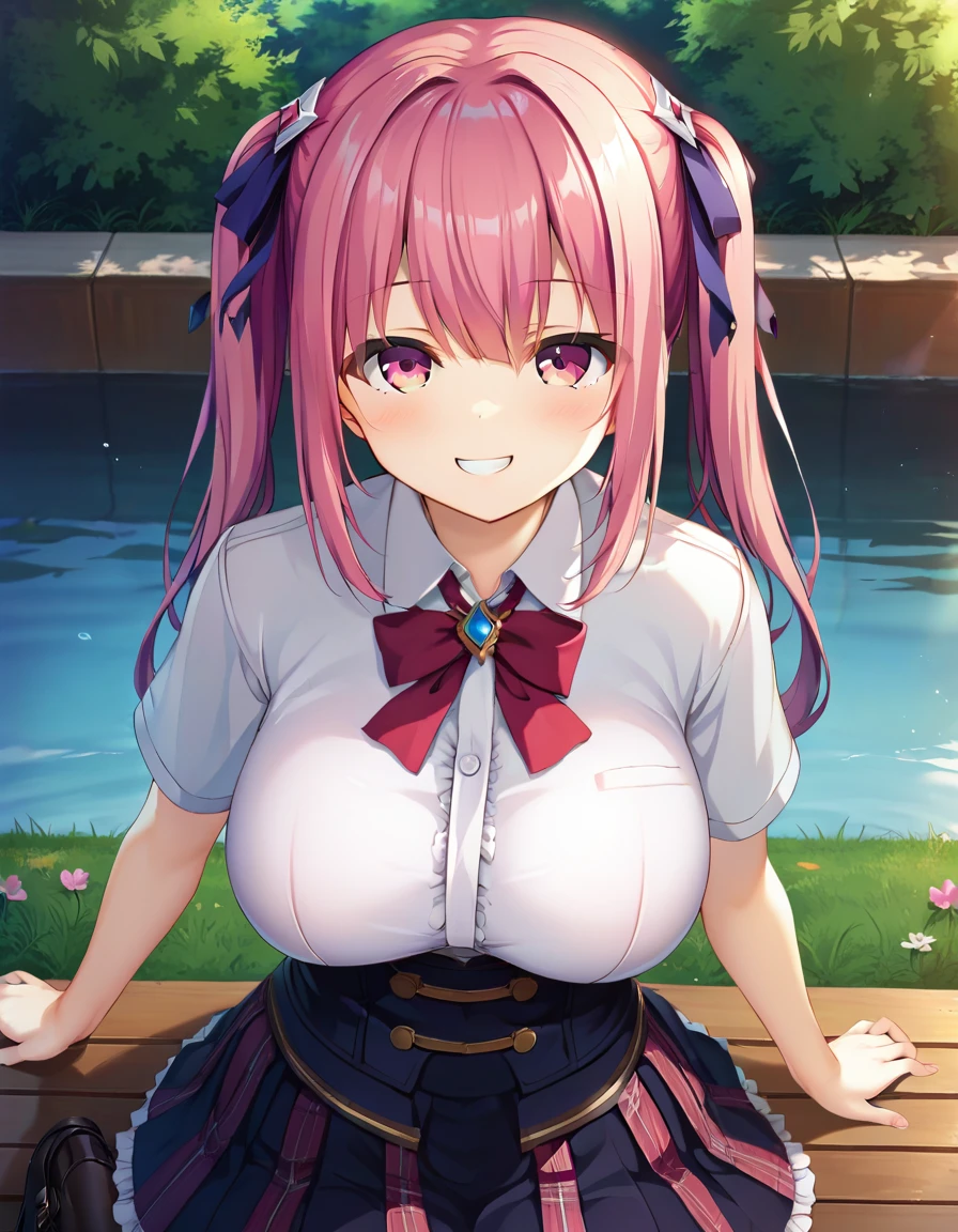 score_9,score_8_up,score_7_up,score_6_up BREAK official art,solo,outdoors,upper body,(portrait:1.5),looking at viewer,facing viewer,smile,blush,Tachibana Charon,long hair,pink hair,twintails,hair ribbon,hair ornament,hair intakes,bangs,pink eyes,collared shirt,white shirt,red neck ribbon,center frills,corset,underbust,large breasts,short sleeves,miniskirt,black skirt,plaid skirt,pleated skirt,frilled skirt,black thighhighs,zettai ryouiki,black footwear,loafers,<lora:Tachibana Charon(ut)-Pony:1.2>,