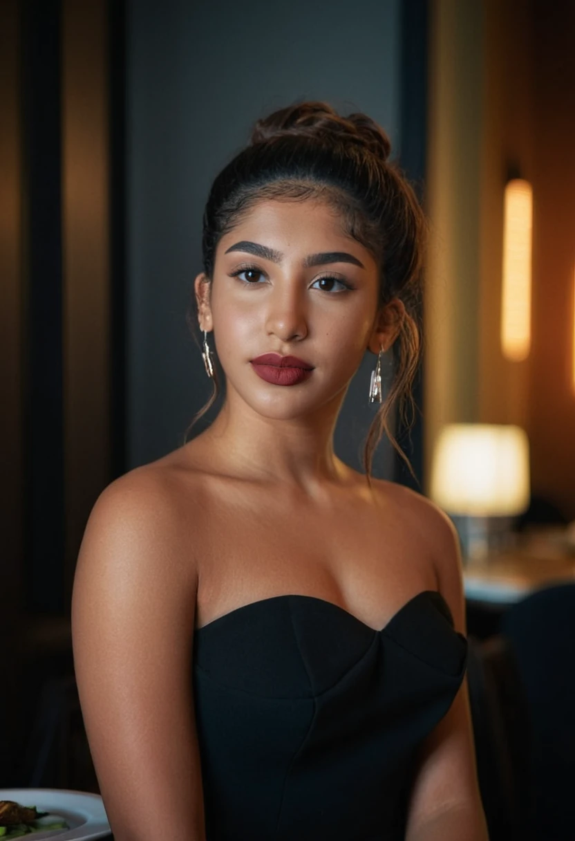 A photograph of (1girl, 21 years old,  slight smile, <lora:ZH_IsaFerreira_v1SDXL:1>, zh_isaferreira, solo, long hair, realistic, brown hair, looking at viewer, brown eyes) ((hair updo)) wearing (black dress, bare shoulders ,lipstick, makeup, strapless dress)