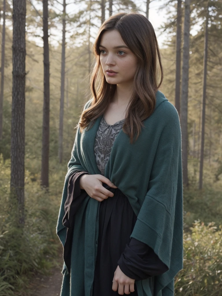 a professional absurdres sharp focus intricately detailed close-up photograph of 
(Bella_Heathcote:1.1), head focus, 
cloak covering her neck and torso,
standing in a Majestic forest landscape at dusk, cinematic lighting, soft rays of sunlight filtering through the trees, shadow play between dense foliage, dramatic yet serene atmosphere. The color palette is rich in deep greens, warm ambers, and cool shadows, reminiscent of classical fantasy art with hints of realism. Cinematic composition.	
 <lora:Bella_Heathcote-SDe11:0.8>