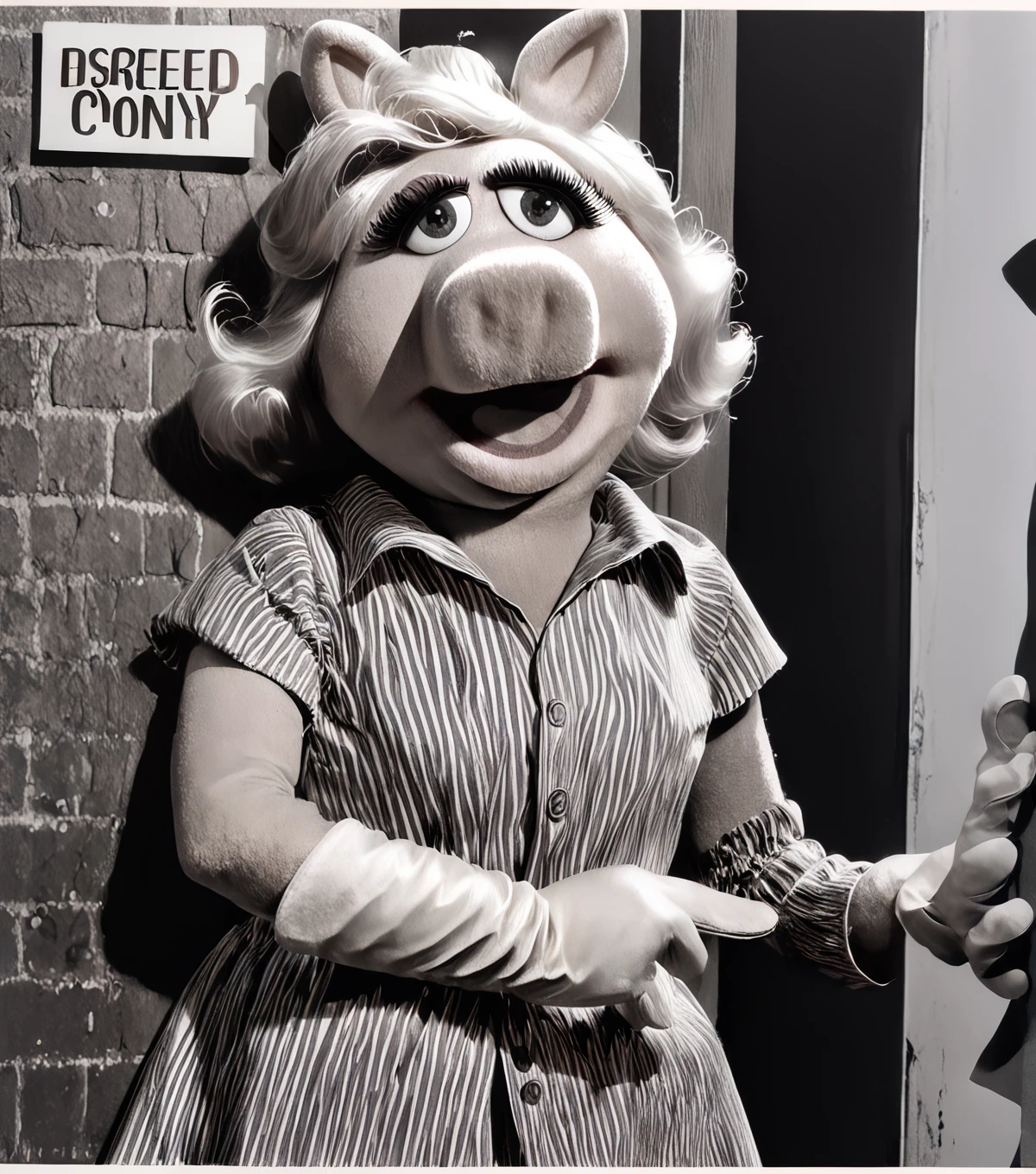 <lora:cotton_pony_v5:1> grayscale, red spot color, a cover of a jerry cotton novel,illustration \(genre\),pulp crime \(style\)  the cover of a pulp novel featuring 1girl street corner  <lora:Miss_Piggy_Pony:1> uncensored, gloves, miss piggy, score_9, score_6_up, score_7_up