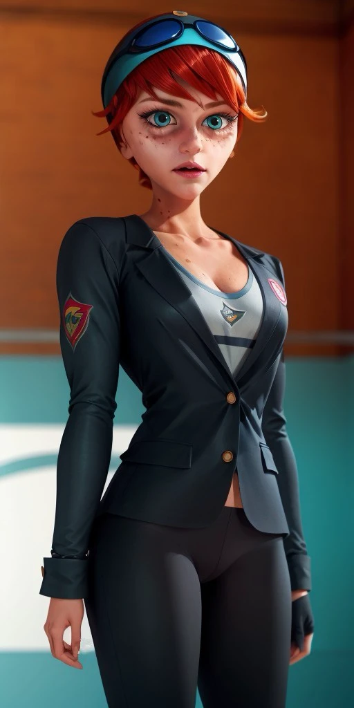 Hyperrealistic, photorealistic, super detailed, (long-sleeved blazer), trousers, expressive brilliant turquoise eyes, short red hair, body like in real life, several freckles on face, large pores, peach skin, slender, beautiful arms, very little very flat breasts, unreal engine, octane render, droped shadow, bokeh, cinematic lighting, <lora:add_detail:0.5>, <lora:Volumetric_lighting:0.6>, Ondine, <lora:4507115e-c874-4ac1-a882-1dcdf4e235ab:0.7>