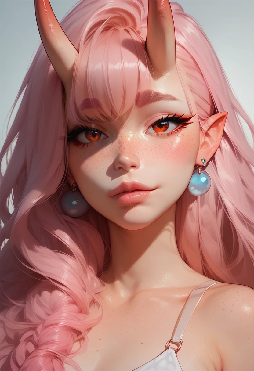 score_9, score_8_up, score_7_up, score_6_up, pinkubus girl,pink hair,red eyes,otoko no ko,oni horns,cute face,freckles,20y old,bust shot,portrait,looking at viewer, <lora:PINKUBUS__Pony_LoRA:0.8>