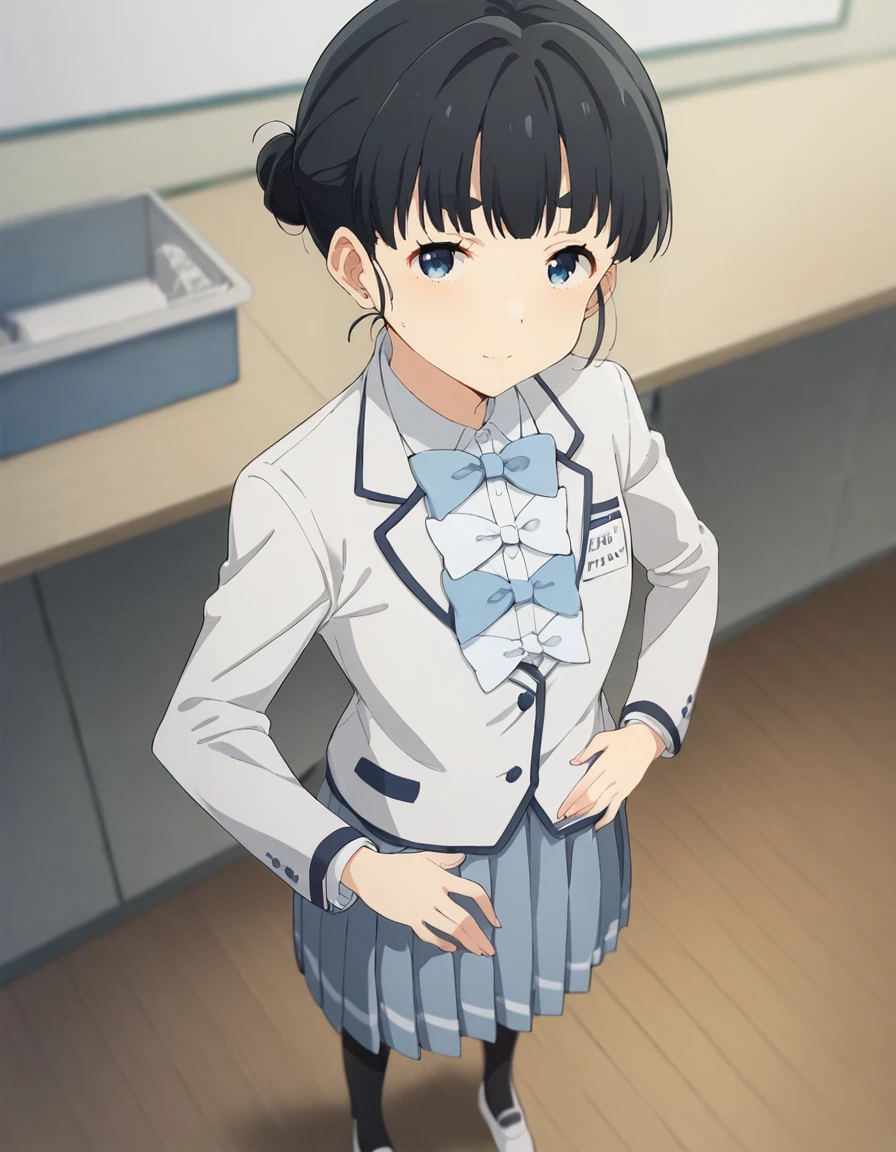 score_9, score_8_up, score_7_up, source_anime, BREAK
1girl, solo focus, looking at viewer, blurry,  background, standing, from above, full body, wrist on own waist,
tiara basori, black hair, short hair, (thick eyebrows:0.6), blue eyes, hair bun,
winter school uniform, white blazer, white collared shirt, long sleeves, cyan bowtie, white bowtie, (name tag:0.6), grey pleated skirt, (long skirt:0.9), black pantyhose, white footwear
<lora:tiara_basori_anime_v2-soralz:1>