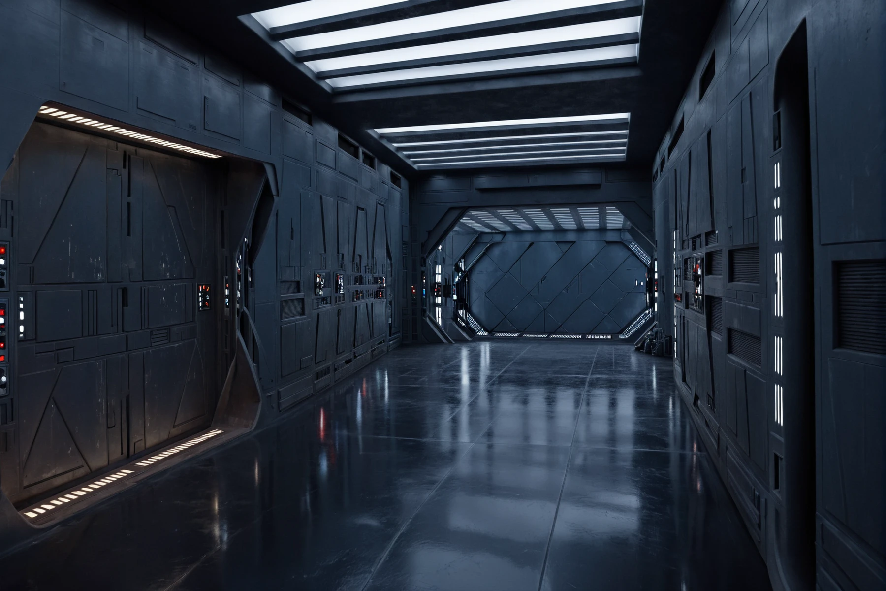 (establishing shot1.5) cinematic movie still of a Star Destroyer Interior <lora:Star_Destroyer_Interior:1> corridor from a star wars movie with stormtroopers patrolling, large metal door at the end, white lights in the walls, science fiction, 8k resolution, sharp focus, dark and ominous, cinematic, detailed, motion picture style, realistic, sci fi style, cinematic light, perfect color, perfect scene, shallow depth of field, vignette, highly detailed, high budget, bokeh, cinemascope, moody, epic, masterpiece, <lora:Rembrandt Lighting style v2:0.6> Rembrandt Lighting style, in the dark Low-key lighting Style <lora:Low-key lighting Style:0.6>