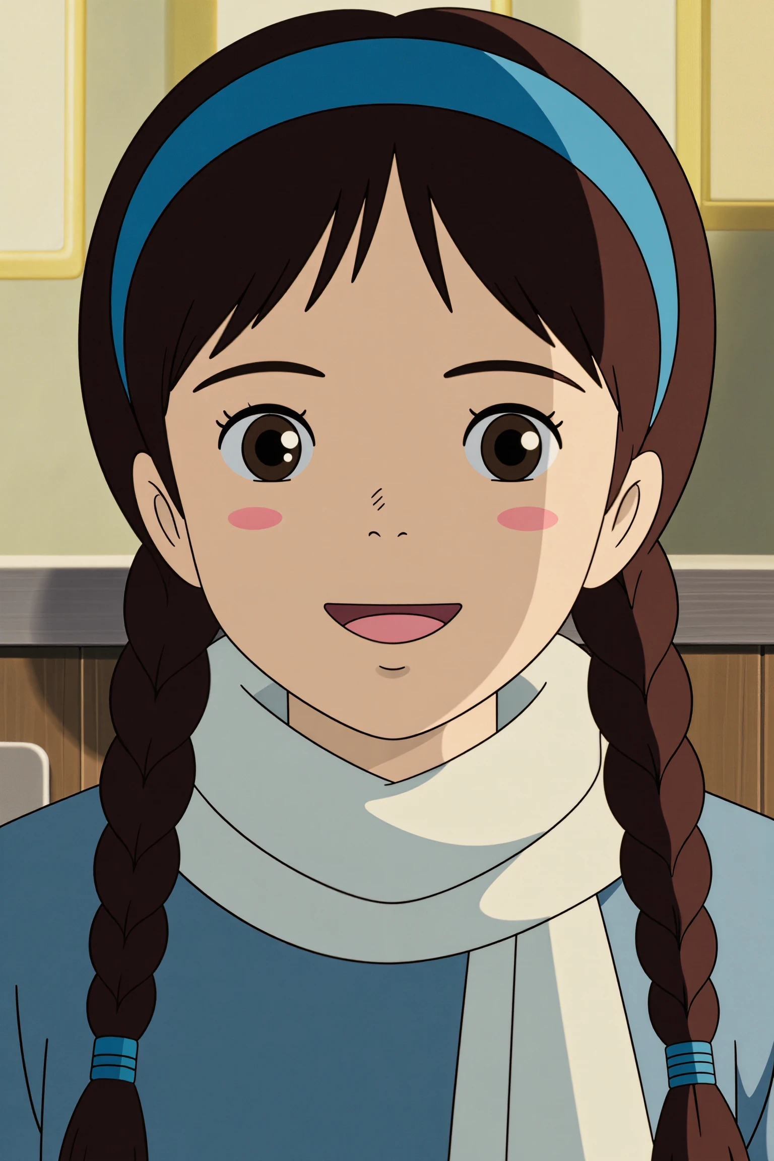 ghibli, The image portrays a young girl with a joyful smile on her face. She has long, dark hair styled in braids and is wearing a blue headband. She is dressed warmly, with a white scarf wrapped around her neck and a blue jacket. The background is softly blurred, suggesting an outdoor setting with sunlight gently illuminating her face. The overall mood is cheerful and bright, capturing a moment of happiness and warmth.