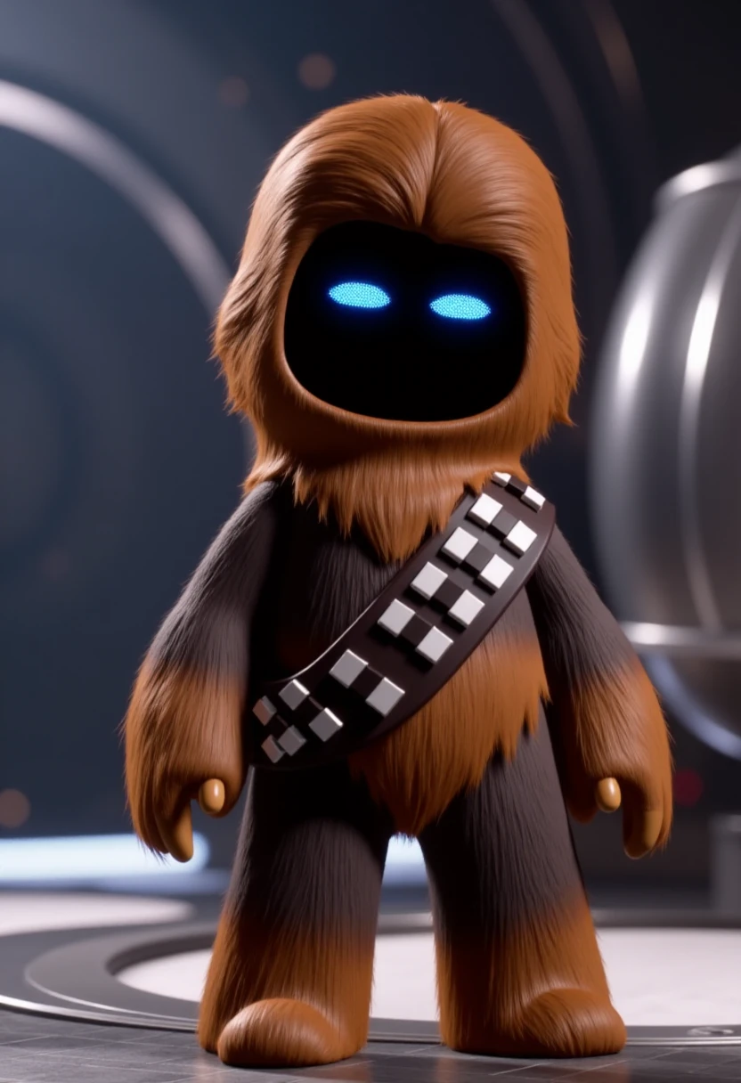 The image is a digital CGI illustration featuring a stylized, anthropomorphic robot standing in a Star Wars environment. The robot, resembling Chewbacca, has a sleek, rounded body covered in fur with a brown, glossy head featuring glowing blue eyes and a small, pixelated display screen. The robot is dressed like Chewbacca.   <lora:Astro_Bot_Builder_FLUX:1>