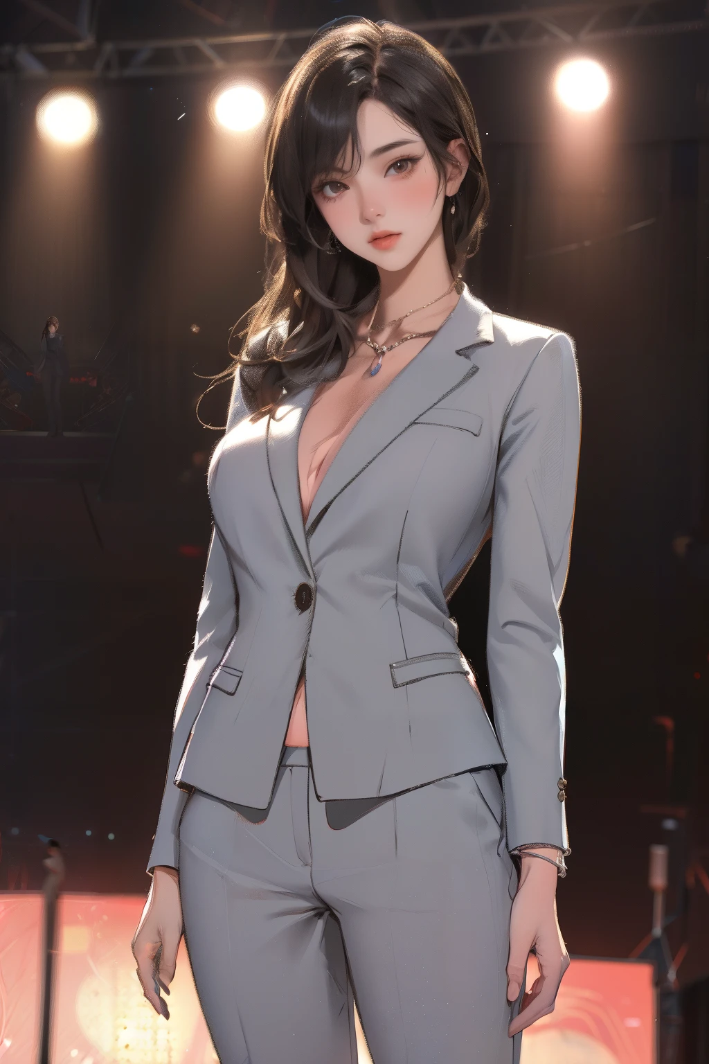 best quality, masterpiece, 1 Girl, Pretty Face, (photo Practical:1.3), Edge lighting, (High Detail Skin:1.2), 8K uhd, DSLR camera, high quality, high resolution, 4k, 8K, Bokeh, absurd, The best ratio of four fingers and one thumb, (Practical:1.3), cute 1 Girl, Wearing a black formal blazer, ((((Large Breasts、Low-cut,Cleavage, Wide hips,)))(Long legs) (Wide hips)), Short skirt,