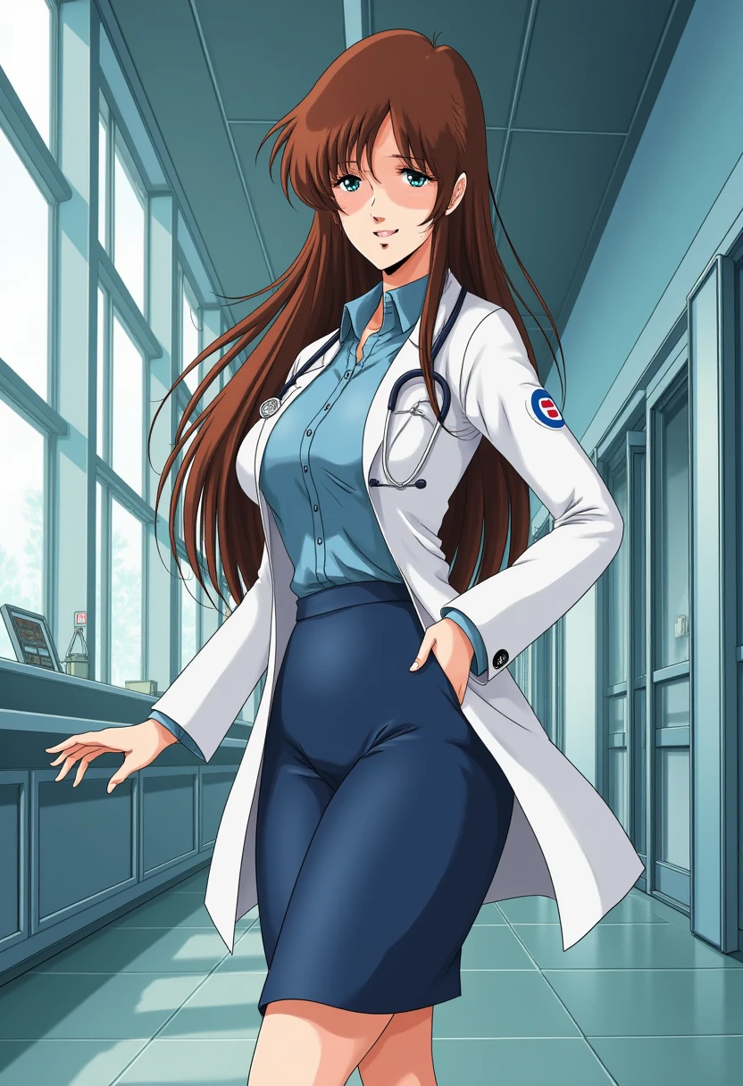 Anime style, sharp, high contrast and highly detailed. Ghibli anime style. Perfect anatomy. Perfect body ratio. No oversized head. No blurry, out of focus pictures. No simple background, no single color background.
She is wearing a labcoat, a shirt and a pencil skirt. She is standing inside the lobby of a modern hospital, looking at the camera with a smile.
Wide angle, full body.
 <lora:Misa Hayase - (Flux)_epoch_5:1>, hayase_misa