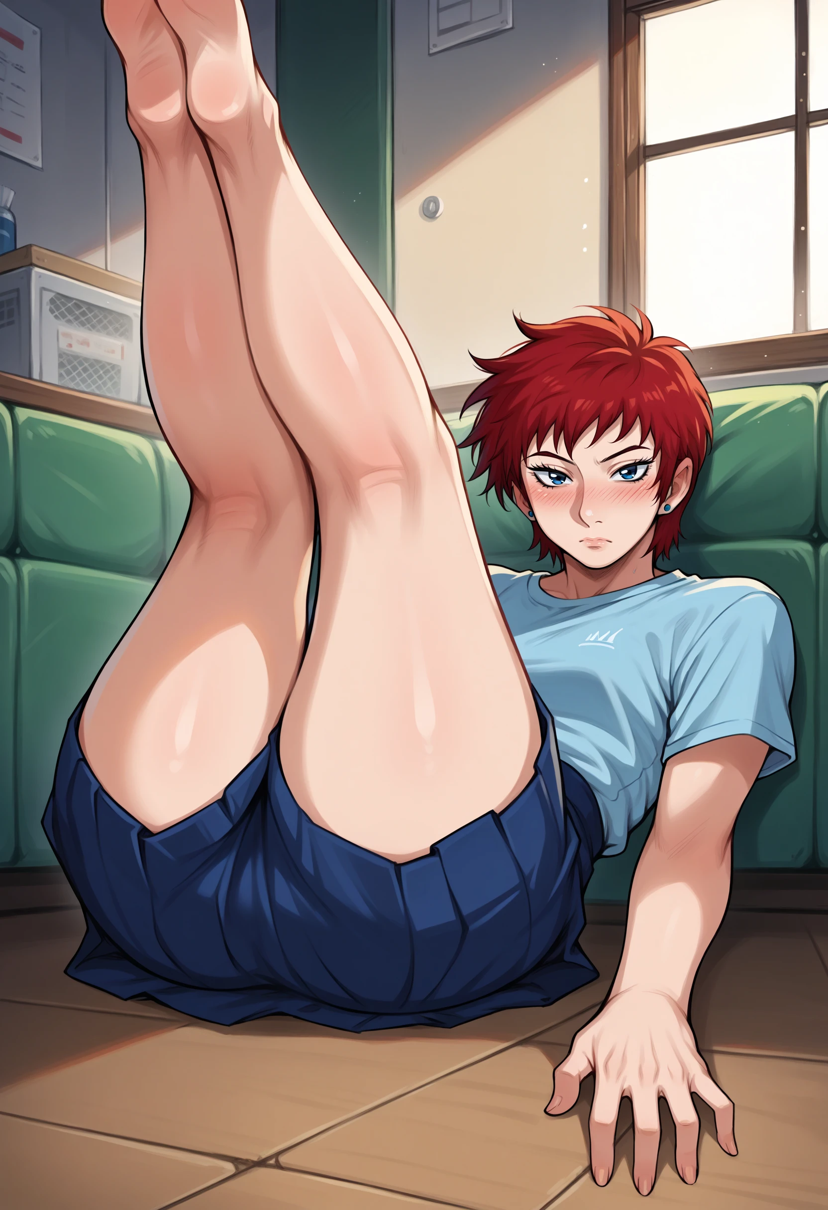 score_9, score_8_up,score_7_up, 1girl, solo, akmktb, tomboy, short hair, red hair, blue eyes,
stud earrings, jewelry, 
sitting, skirt, legs up, blush, looking at viewer, indoors, full body
<lora:akwmk_pdxl_EliPot_V2:1>