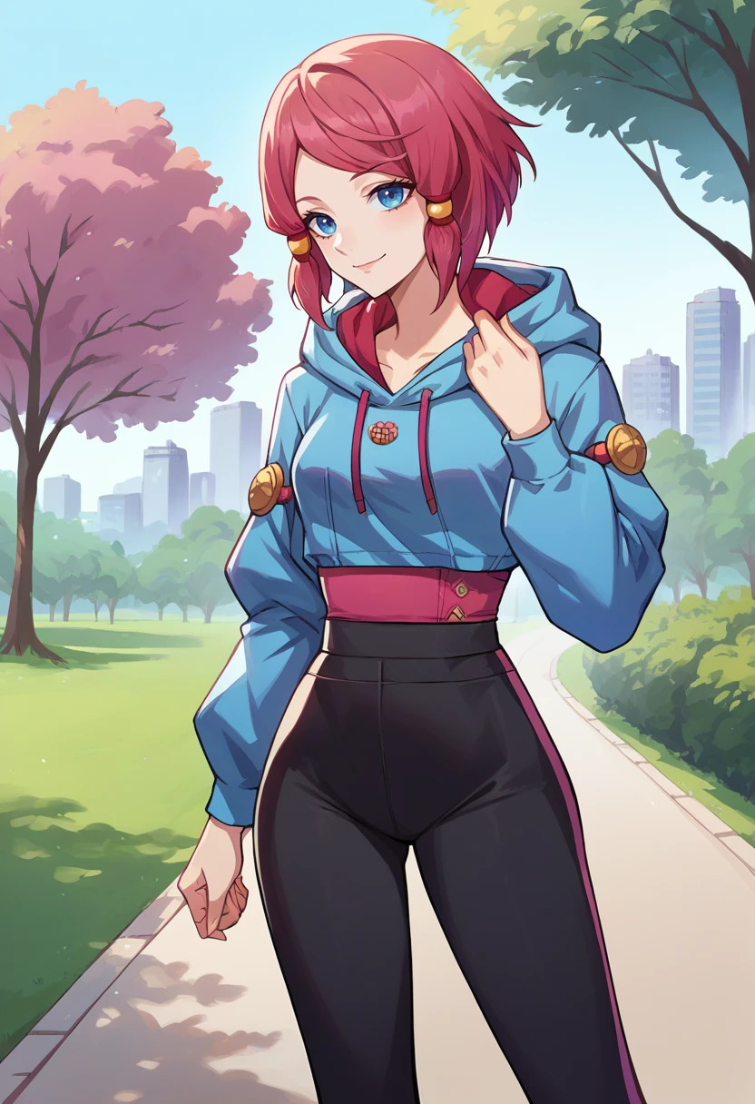 score_9, score_8_up, source_anime, 1girl, solo, RoseTales, blue eyes, pink hair, short hair, hair tubes, outdoors, park, blue hoodie, high-waist pants, yoga pants, black pants, light blush, smile, <lora:ChamRoseToZPonyXL:1>