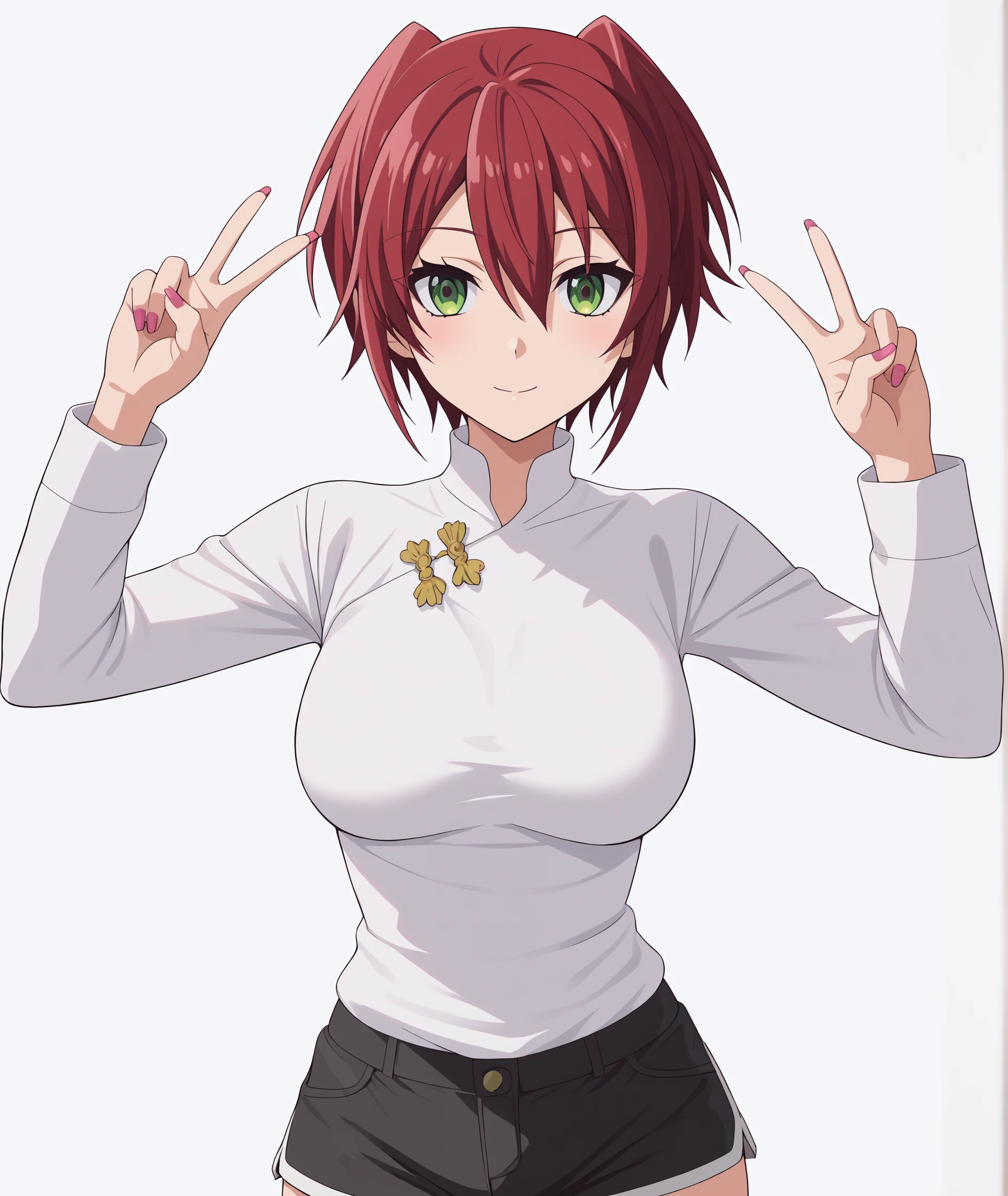 score_9, score_8_up, source_anime, highres, hi res, best quality, masterpiece, 2d, intricate details, official style, anime, 4k, anime style,
1girl, solo, female, short hair, hair between eyes, green eyes, sidelocks, red hair, 
breasts, large breasts, medium breasts, shirt, white shirt, long sleeves, shorts, short shorts, black shorts,
arms up, double v, peace sign, v, fingernails, nail polish, pink nails, upper body, facing viewer, looking at viewer, cowboy shot, white background, <lora:KiriyaSenshou1024_Pony:1>, senshou kiriya, megami-ryou no ryoubo-kun,