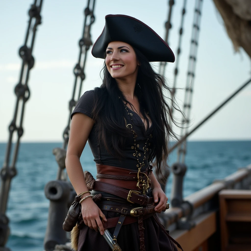 Candid photo of a pirate woman with long wavy black hair in the see breeze standing on the front mast of a pirate ship looking contently into the distance. She is wearing a pirate's hat and has a rapier sword strapped to her waist. , <lora:Katheryn_Winnick_FLUX_v1-000040:1>