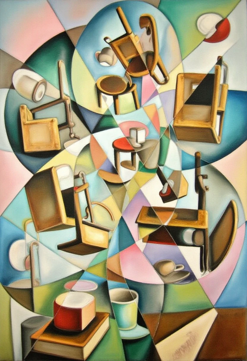 Imagine a surreal dreamscape where various everyday objectsâchairs, teacups, booksâfloat in mid-air, broken down into geometric shapes. The objects should appear disconnected yet tied together in an abstract composition, with each one fragmented and twisted as if viewed from multiple perspectives at once. The background is an abstract swirl of pastel colors, giving the sense of a weightless, ethereal world that defies gravity and logic. ,  CubismStrokes