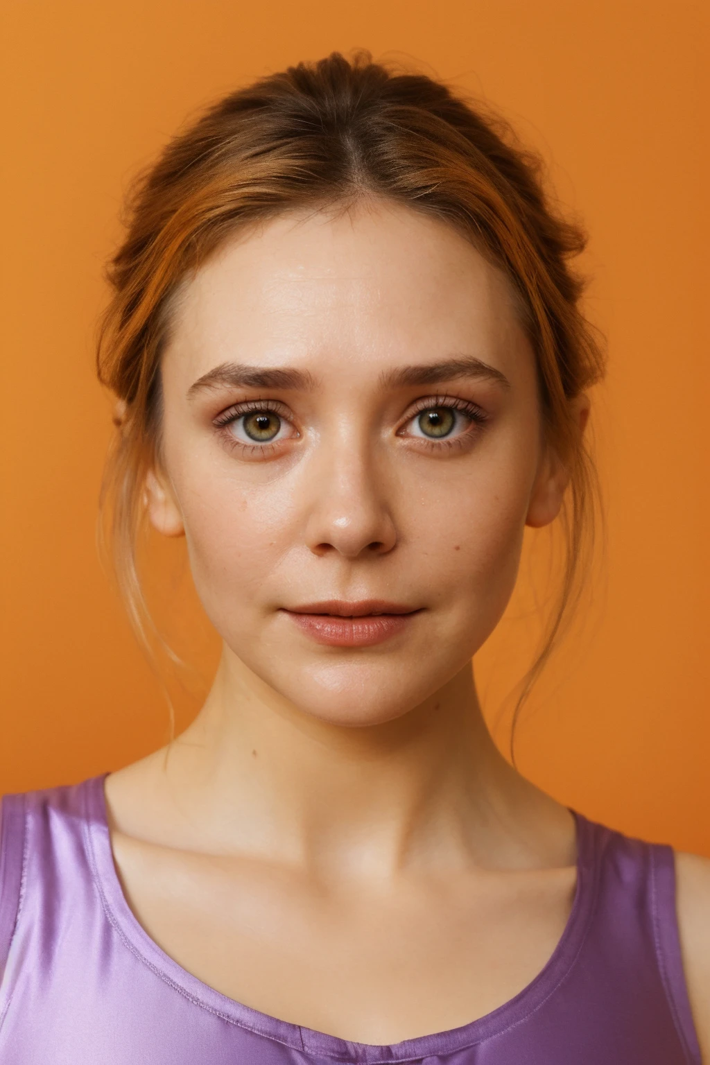 1girl, ultrarealistic, real photo, detailed skin, visible pores, (portrait photography style:1.5), (orange background:1.2), illuminating lightning, focus on face, faded smirk, (wearing satin lavender tank top shirt:1.3), bare shoulders, looking at viewer, close-up
 <lora:eo89_us_lora_v03:1> eo89