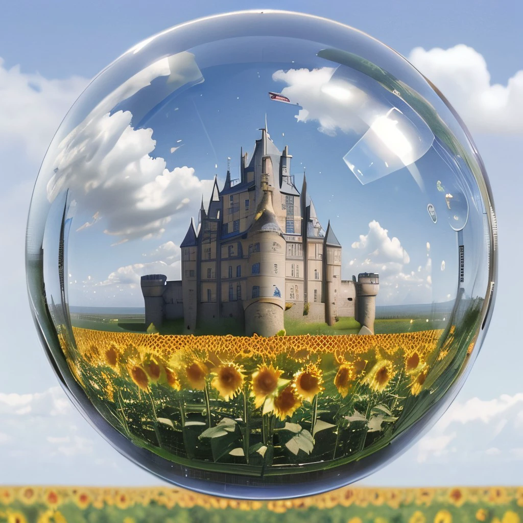 masterpiece, best quality, intricate photo,  floating one meter over a field of sunflowers ((glass sphere with castle)), Background lowland meadows with blue cloudy sky, hyper realistic, highly detailed, sharp focus, high resolution, 8K, <lora:GlassSphere:0.7>