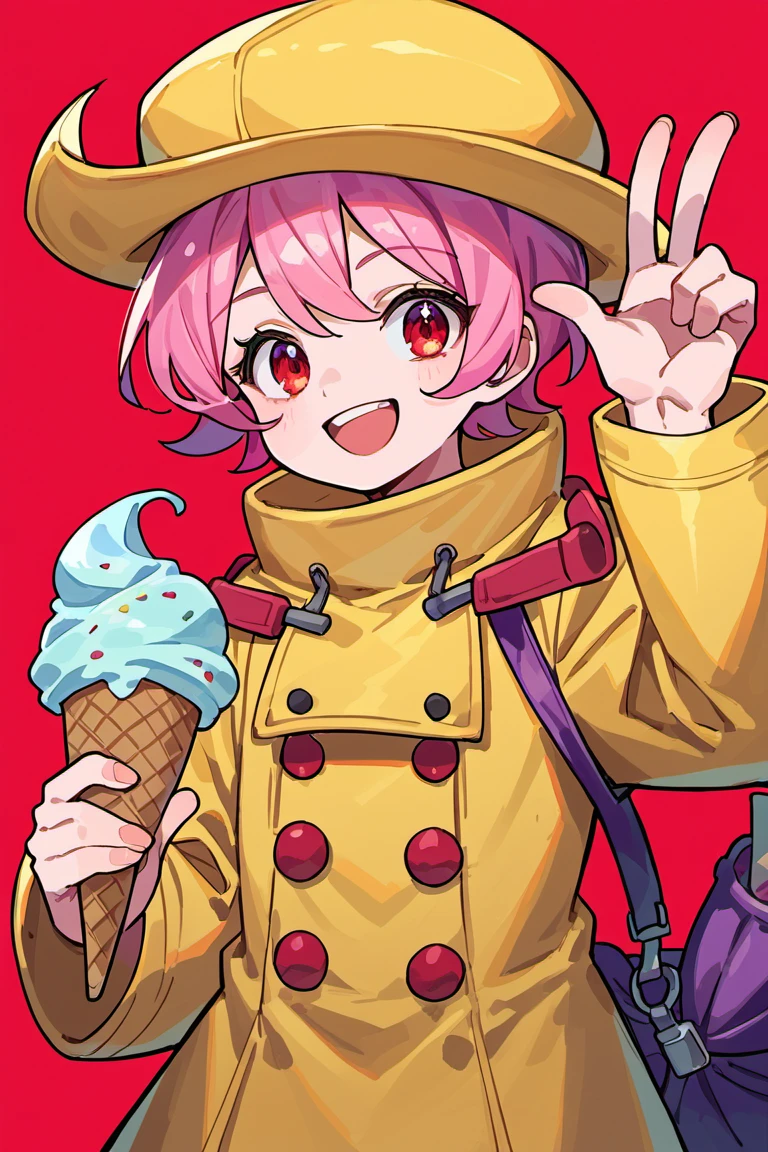 score_9, score_8_up, score_7_up,source_anime,skg_umbrella, 1girl, solo, looking at viewer, smile, short hair, open mouth, simple background, red eyes, long sleeves, hat, holding, pink hair, :d, food, coat, v, holding food, red background, ice cream, ice cream cone, yellow headwear