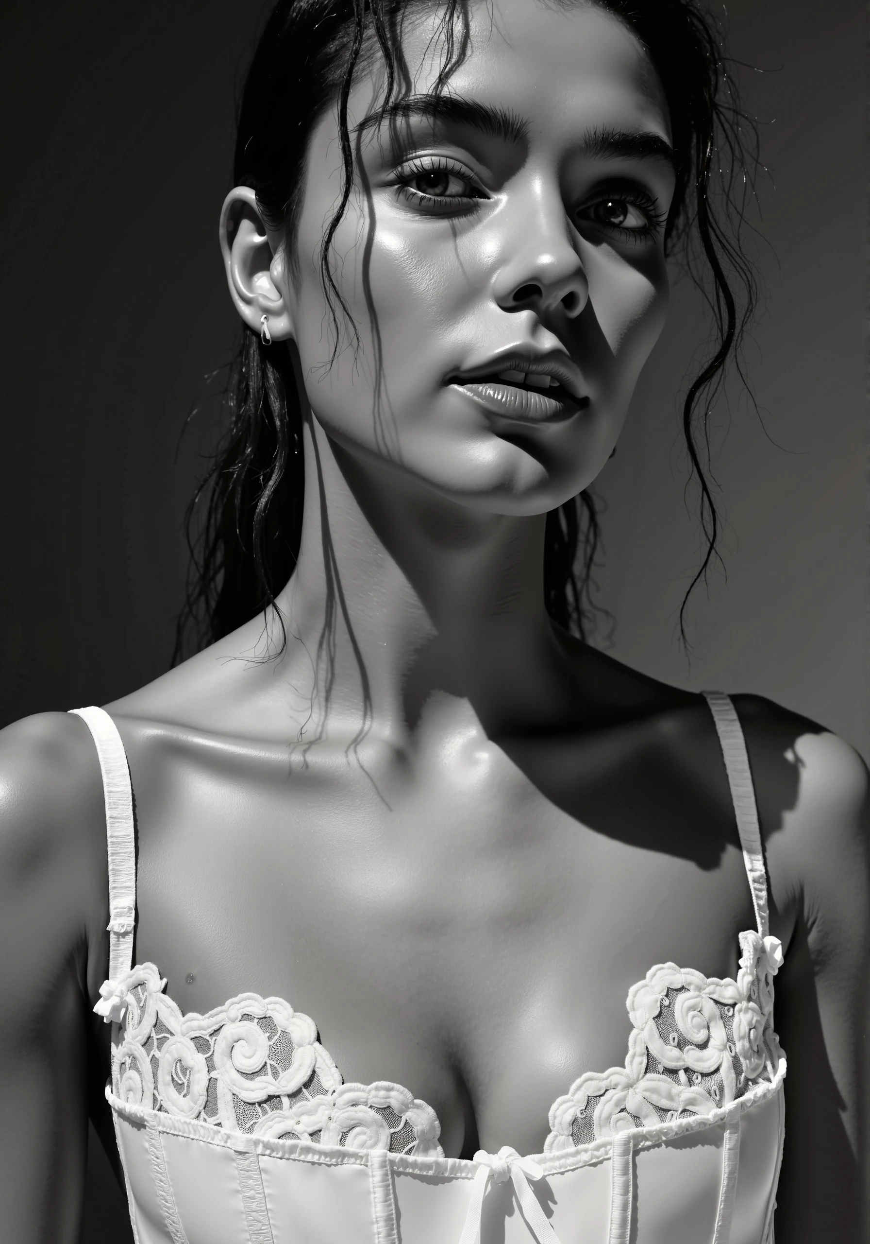 Close-up of a supermodel's face and shoulders with dramatic shadow play on her skin. The model is wearing a white corset top with intricate lace details and white ribbon drawstrings at the front. Although the focus is on her face, the edges of the corset and her outfit are subtly visible. Shadows cast bold patterns across her face, creating an artistic and high-fashion atmosphere. The image is black and white, with strong contrast, hd quality, photorealistic