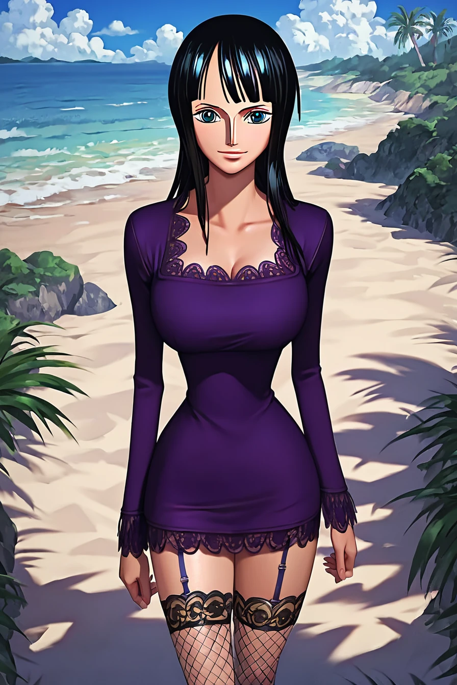 score_9, score_8_up, score_7_up, score_6_up, score_5_up, score_4_up, <lora:Nico_Robin_pretimeskip_many_outfit:0.9>, nico robin, blue eyes, black hair, blunt bangs, dark-skinned female, tan,  purple dress, short dress,  long sleeves, garter straps,fishnet thighhighs, 1girl, alone, standing, looking at the viewer, masterpiece, highres, highly detailed face, highly detailed shining eyes, symmetrical highly detailed eyes, entire body,  beach, sand, sea