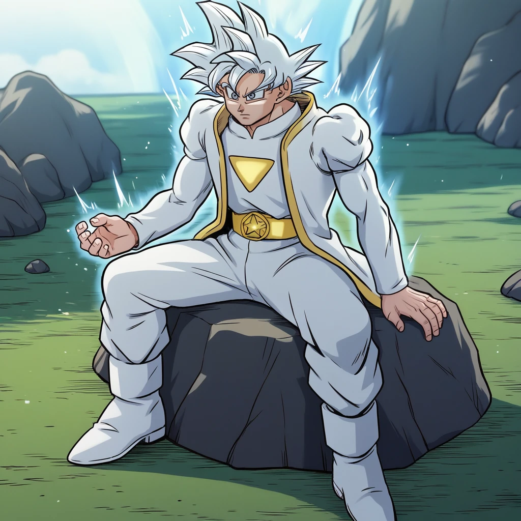 score_9_up, score_8_up, BREAK, Omni-Goku, 1boy, solo, white hair, spiked hair, grey eyes, Omni-King Outfit, open clothes, white pants, white footwear, sitting on rock,  <lora:Omni-Goku_RisingFist_PXL_Leaf1:1>, aura,