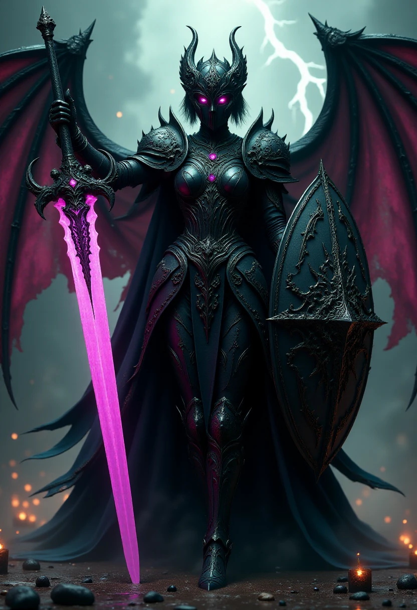 cinematic shot,  female flux_dk, wearing black armor with pink details, holding a glowing sword in right hand and a detailed shield in left hand. Devil wings, highly detailed, fantasy, ornate. <lora:Dark_Knights_Flux:1>